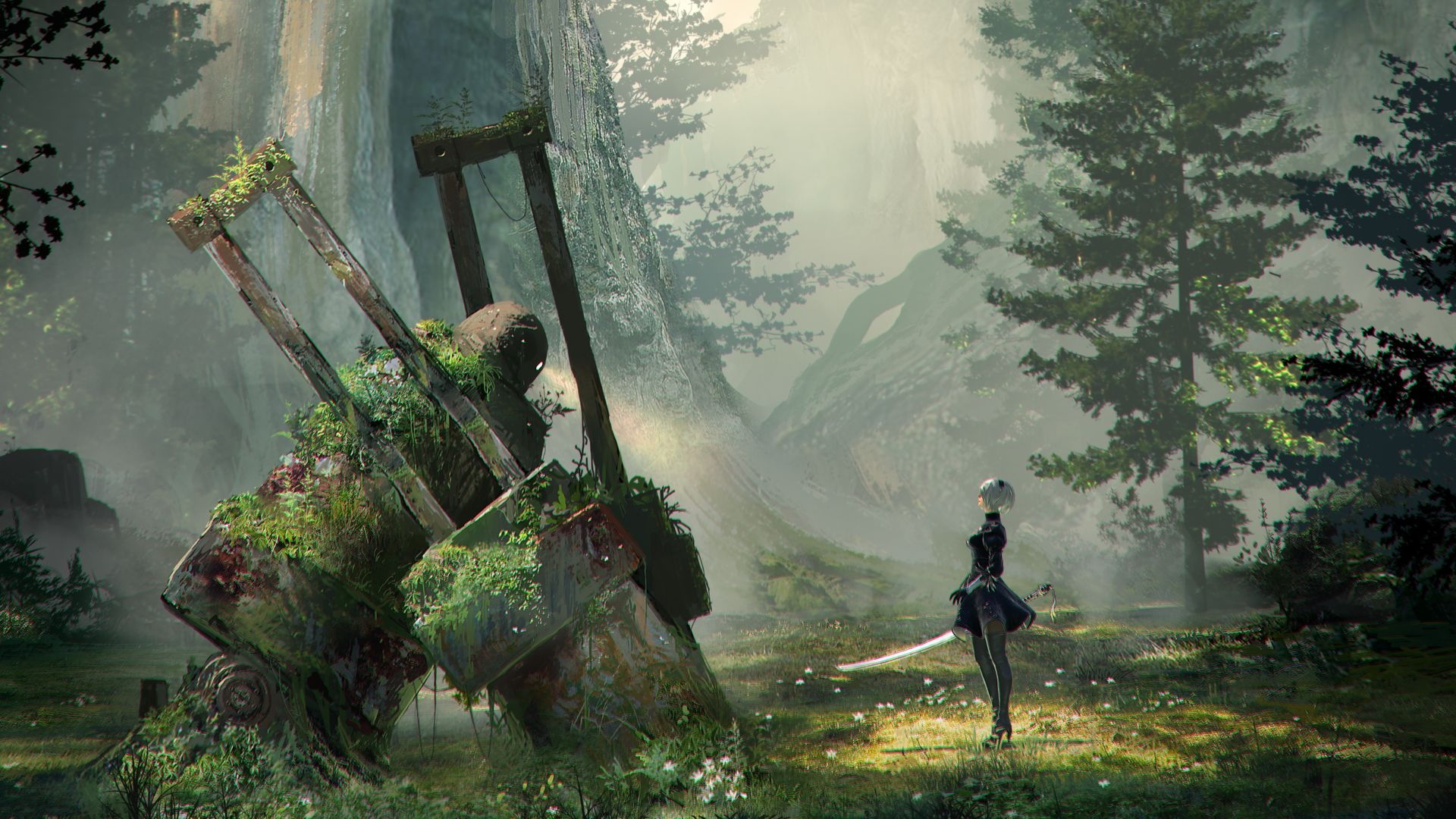 2B, NieR: Automata Machine Lifeform, Overgrown misty forest, Full HD Desktop wallpaper