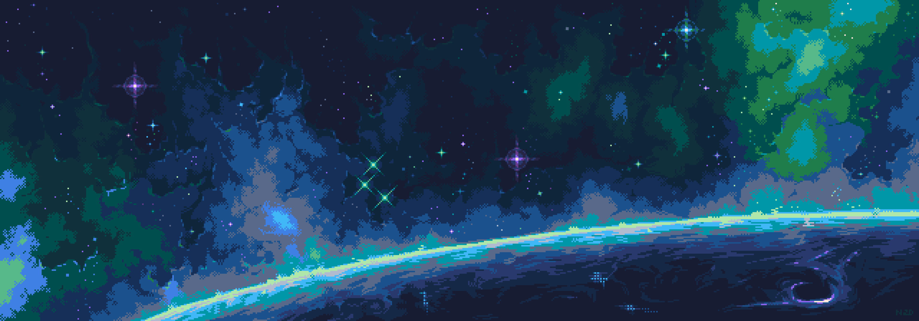 pixel art planetary horizon, teal cosmic nebula, twinkling pixel stars, Dual Screen Desktop wallpaper