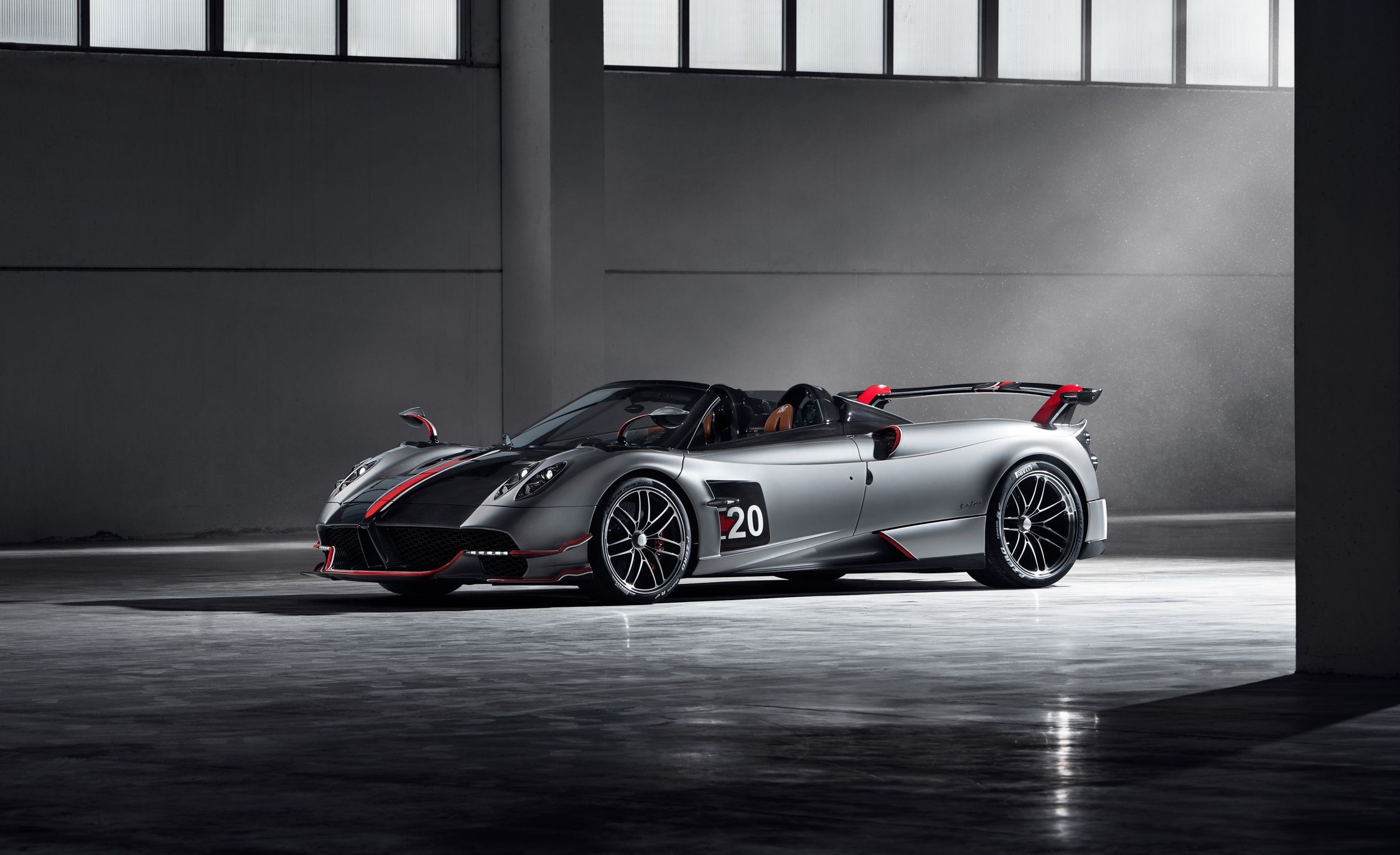 Pagani Huayra Roadster BC, number 20 decal, industrial concrete warehouse, HD Desktop wallpaper