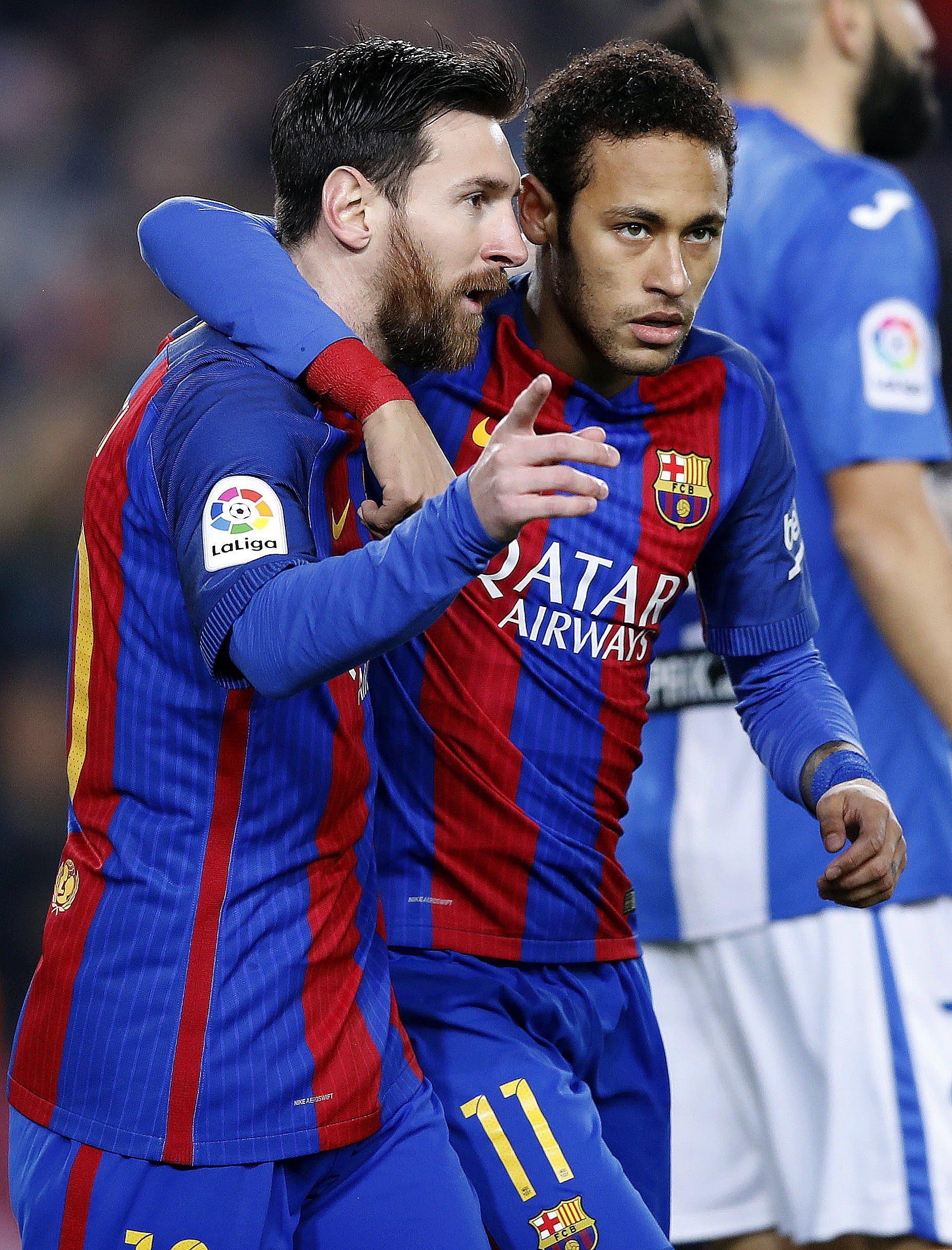 Lionel Messi, Neymar Jr, FC Barcelona home kit, HD Phone wallpaper