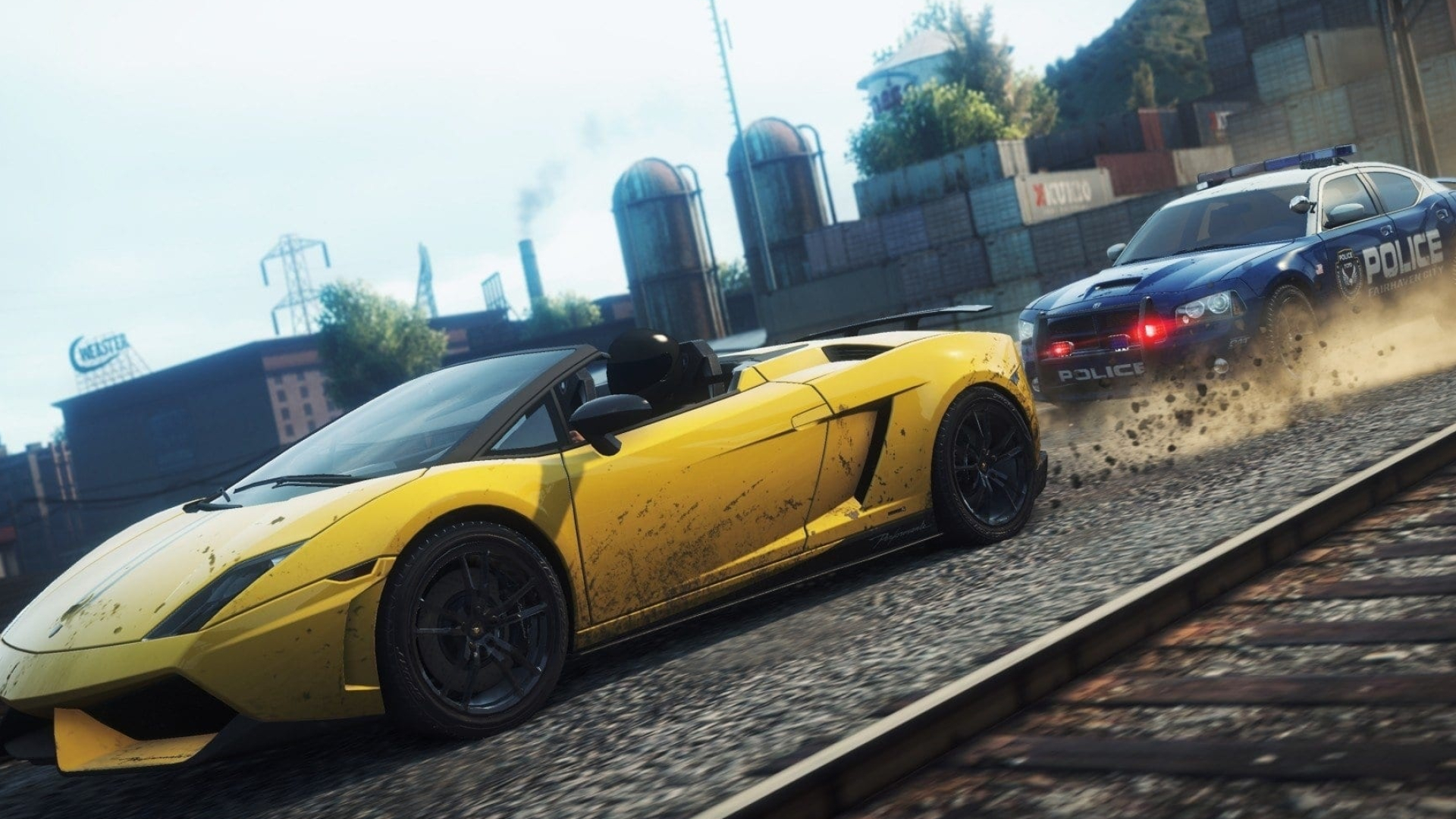 Lamborghini Gallardo Spyder Performante, Dodge Charger police cruiser, railroad tracks, Full HD Desktop wallpaper