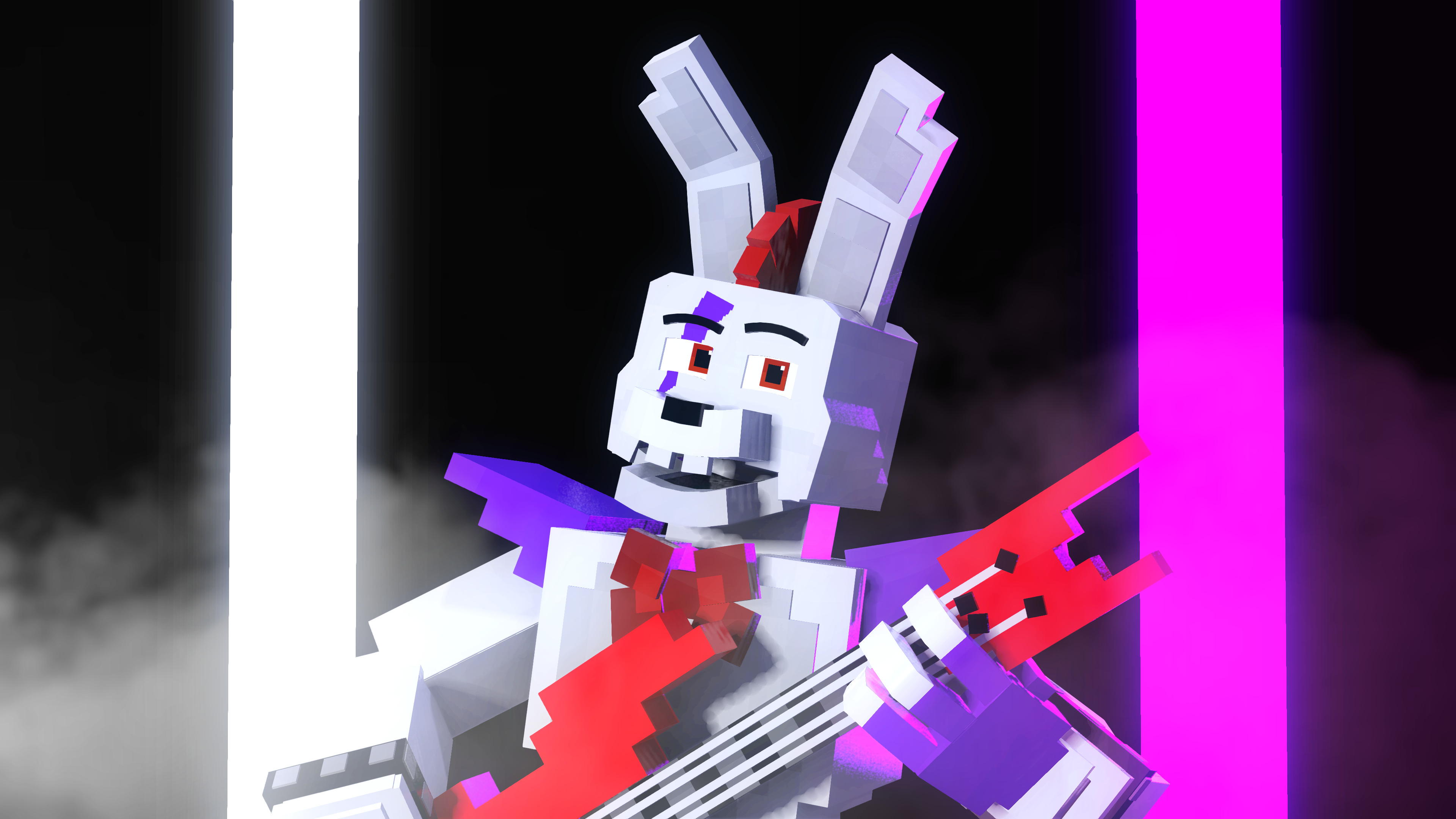 Glamrock Bonnie voxel model, Red electric bass guitar, Neon stage light pillars, 4K Desktop wallpaper