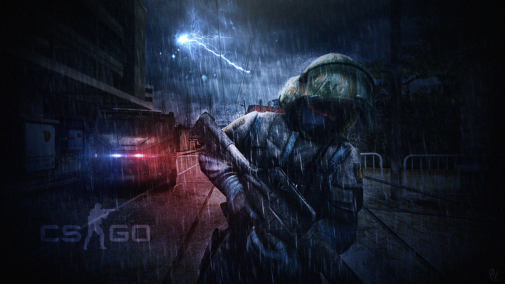 GSG 9 Counter-Terrorist, CS:GO logo, armored police van, Full HD Desktop wallpaper