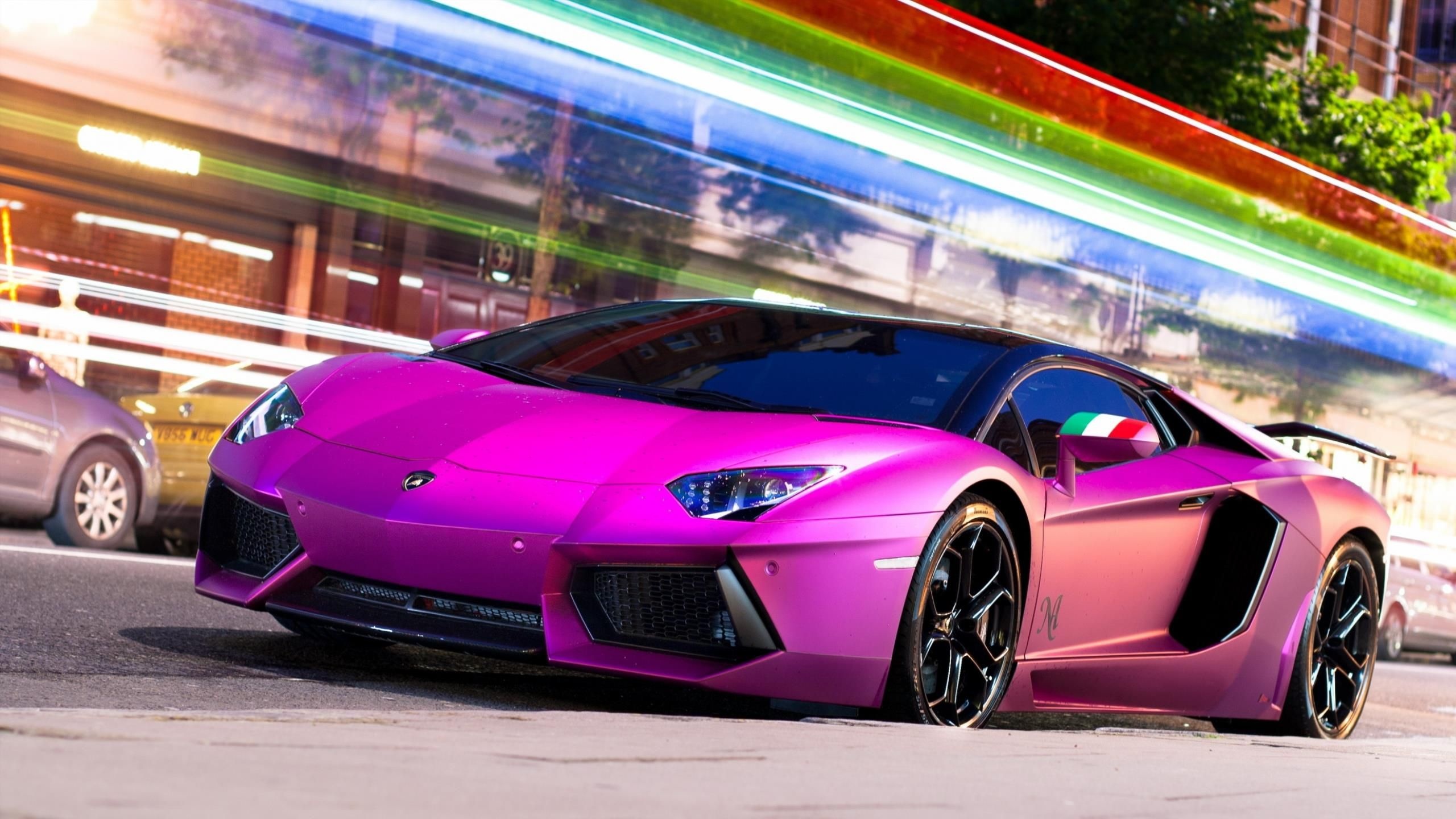 Lamborghini Aventador LP 700-4, rainbow light trails, Italian flag side mirror, HD Desktop wallpaper