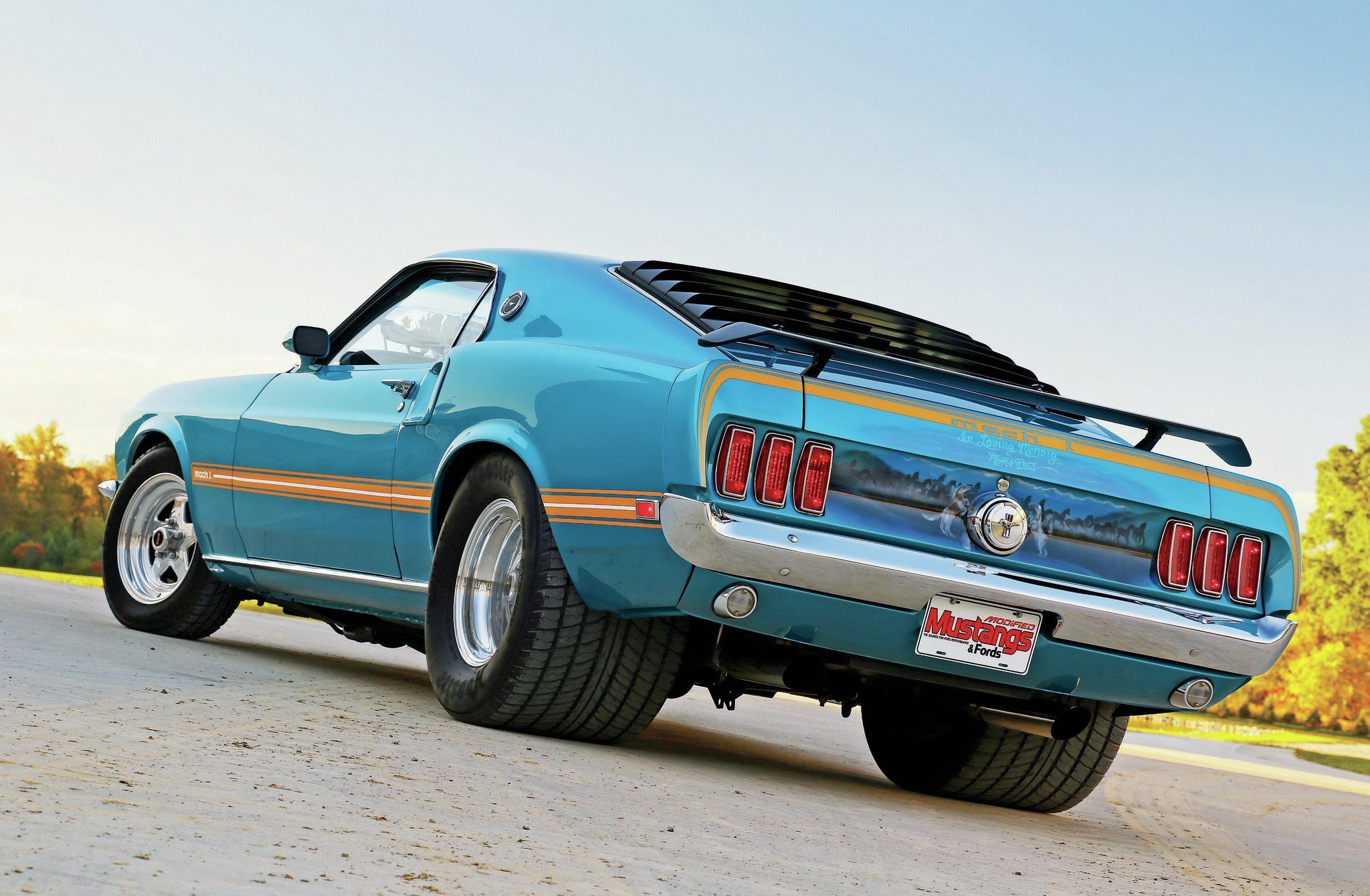 1969 Ford Mustang Mach 1, Pro-street wide rear tires, Rear window louvers, HD Desktop wallpaper