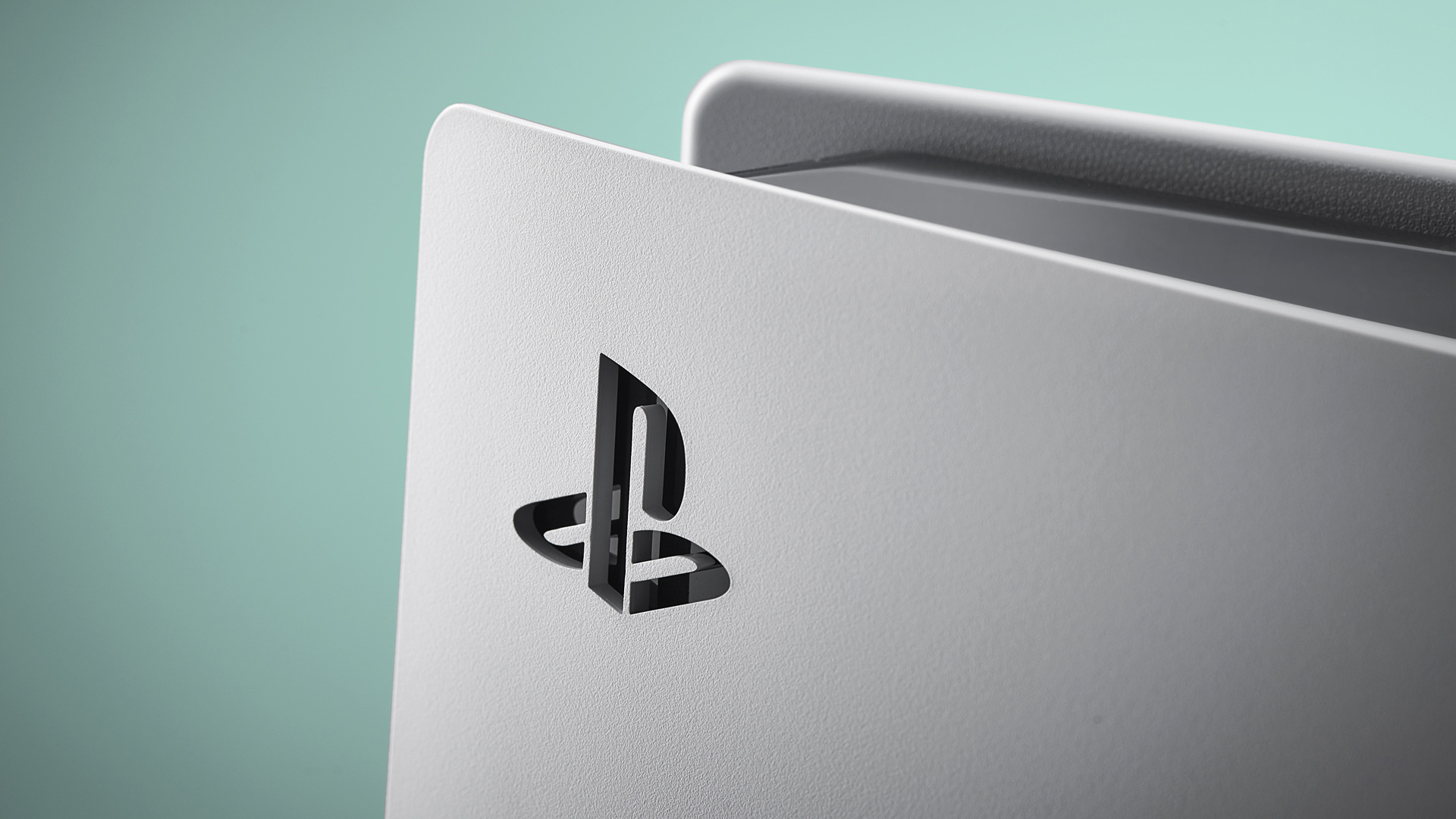 PlayStation logo emblem, PlayStation 5 console faceplate, Mint green backdrop, Full HD Desktop wallpaper