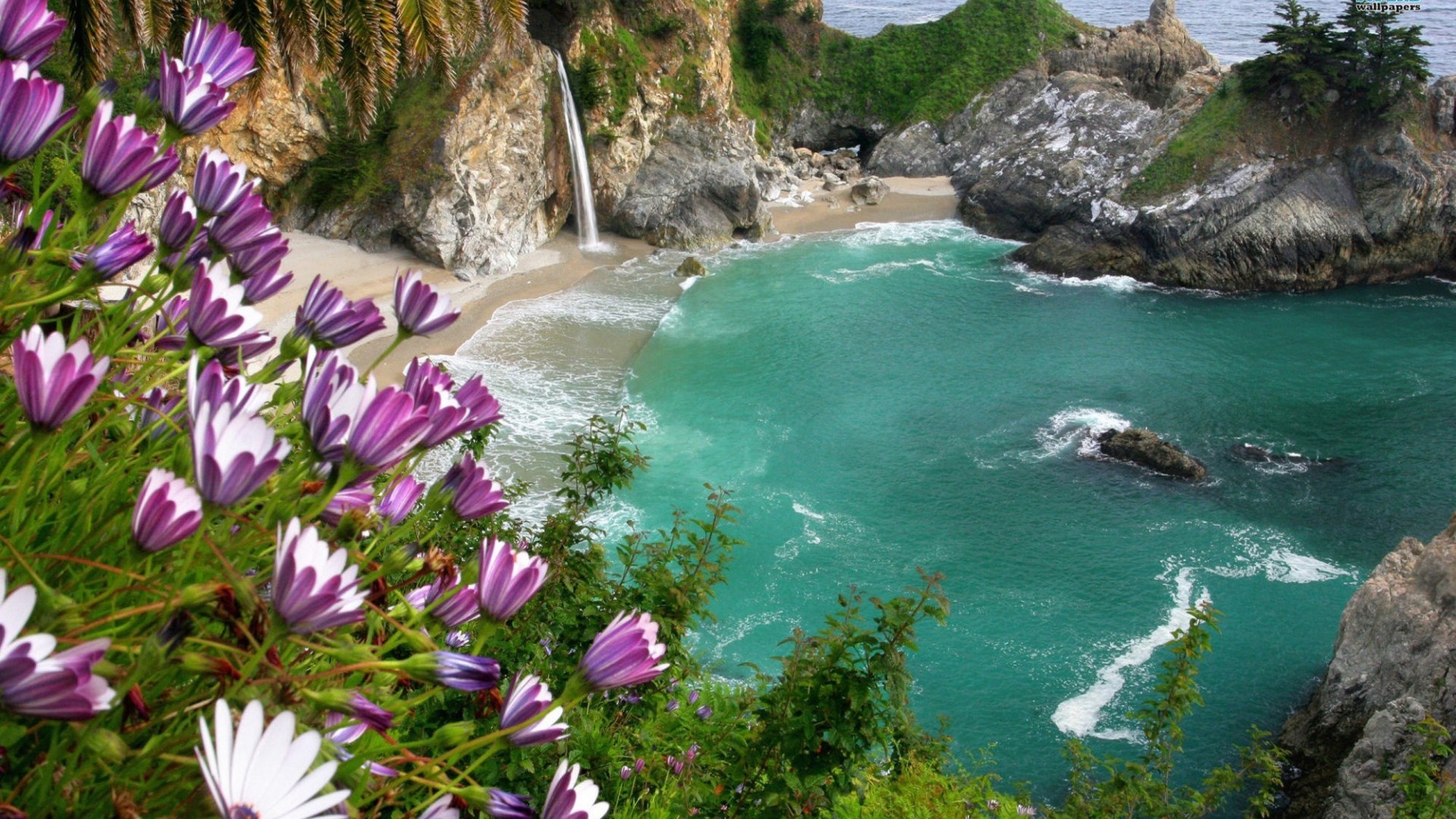 Lagoon, Summer falls, Waterfall wonders, Beach paradise, 1920x1080 Full HD Desktop