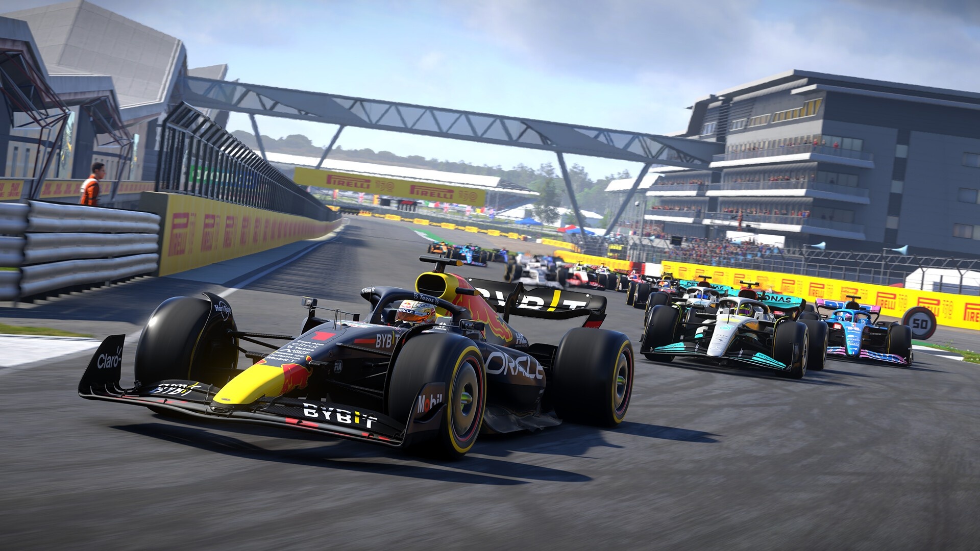 Red Bull Racing RB18, Silverstone Circuit pit straight, Mercedes-AMG F1 W13, F1 22 video game, Full HD Desktop wallpaper