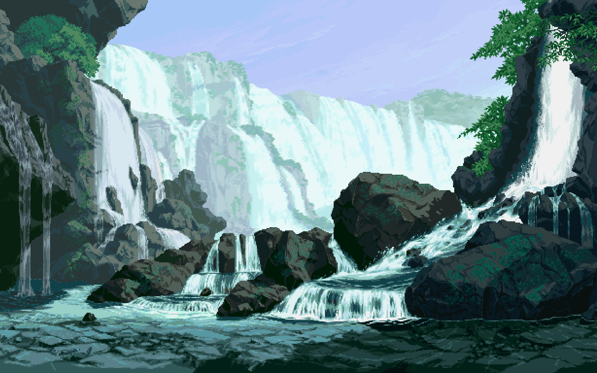 pixel art cascading waterfall, mossy dark rock cliffs, mountain river basin, HD Desktop wallpaper