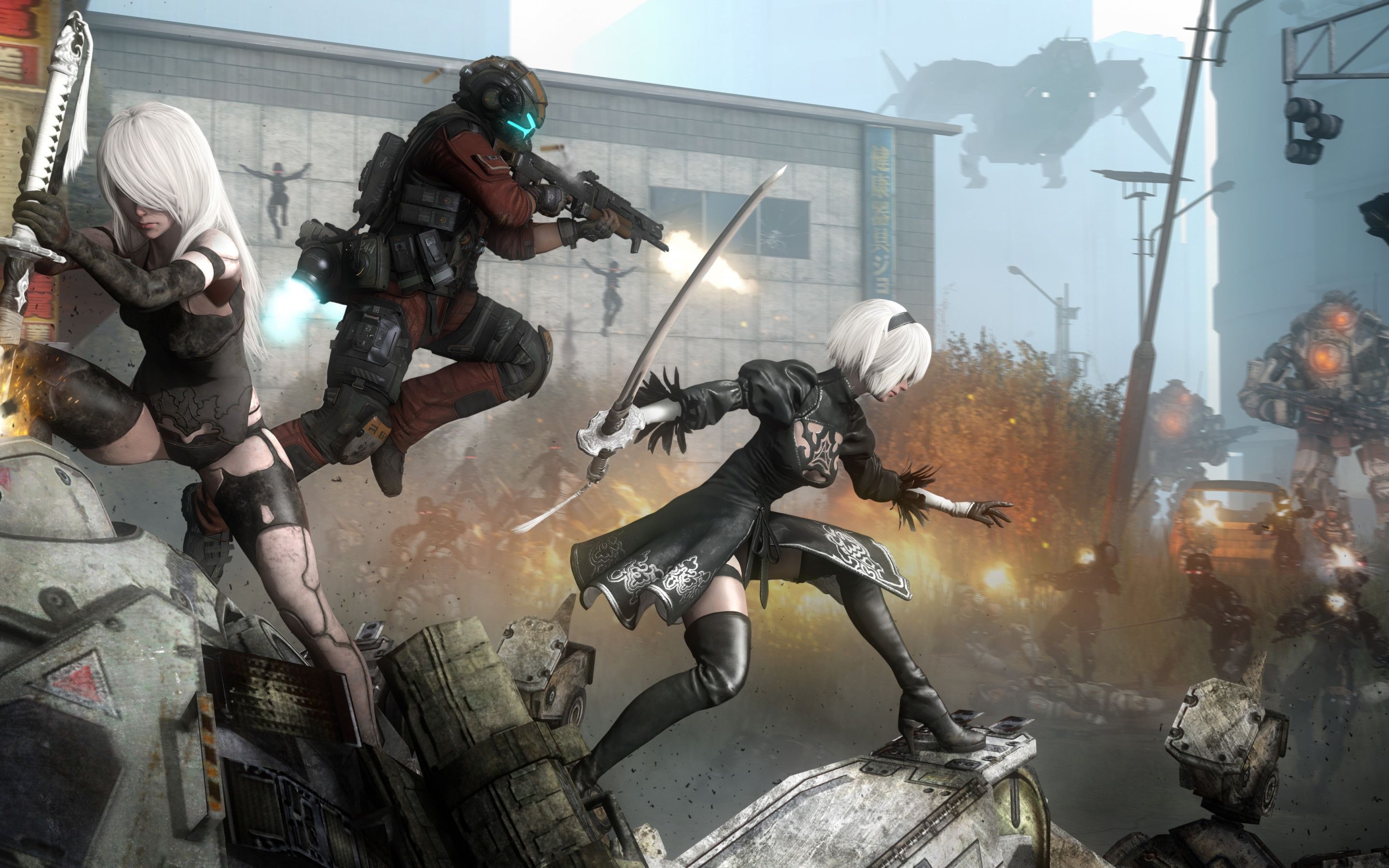 2B NieR Automata, A2 NieR Automata, Titanfall Pilot, Titanfall combat mech, HD Desktop wallpaper