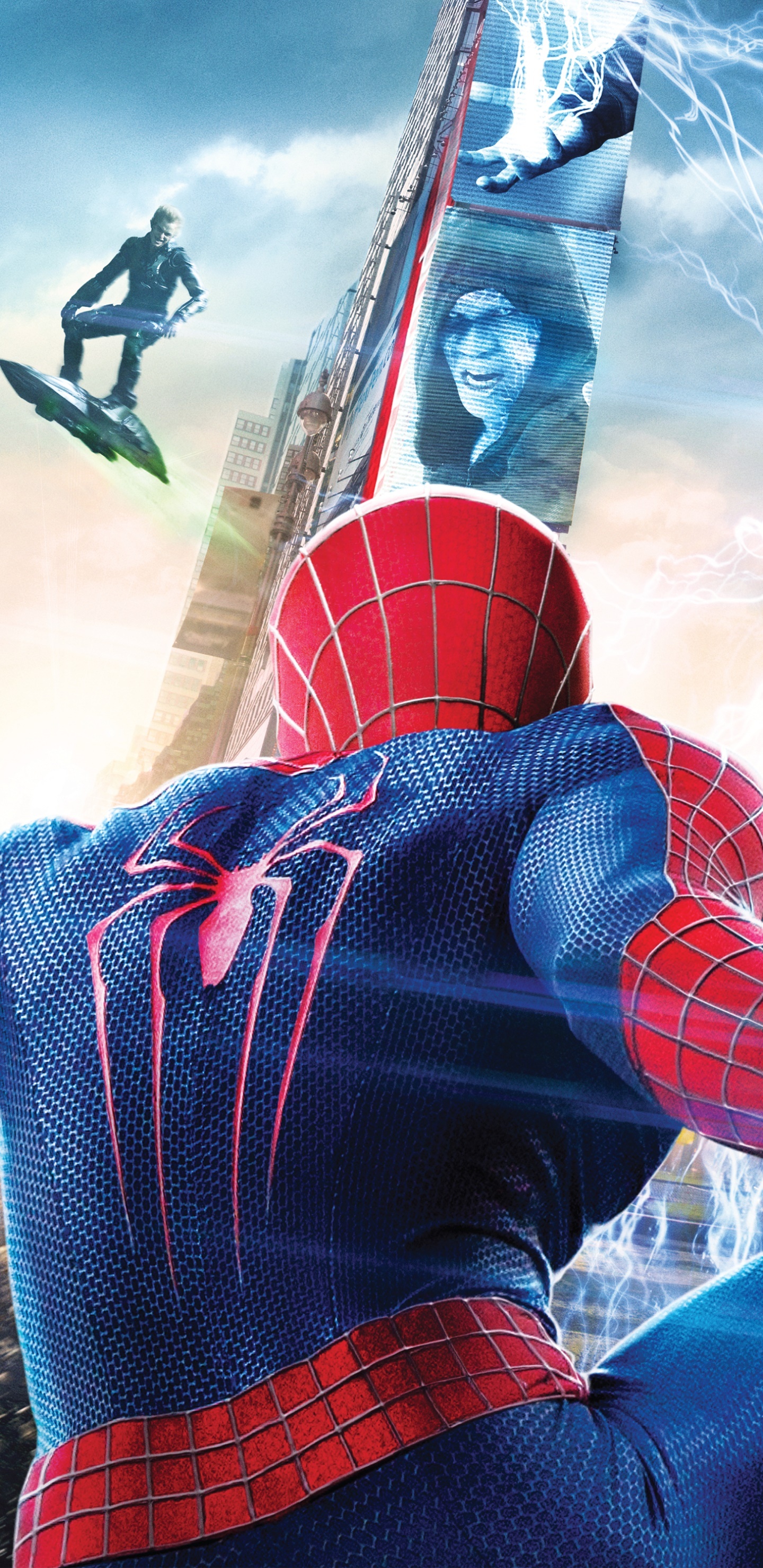 The Amazing Spider-Man, Green Goblin on glider, Electro on digital billboard, Times Square skyscraper, HD Phone wallpaper