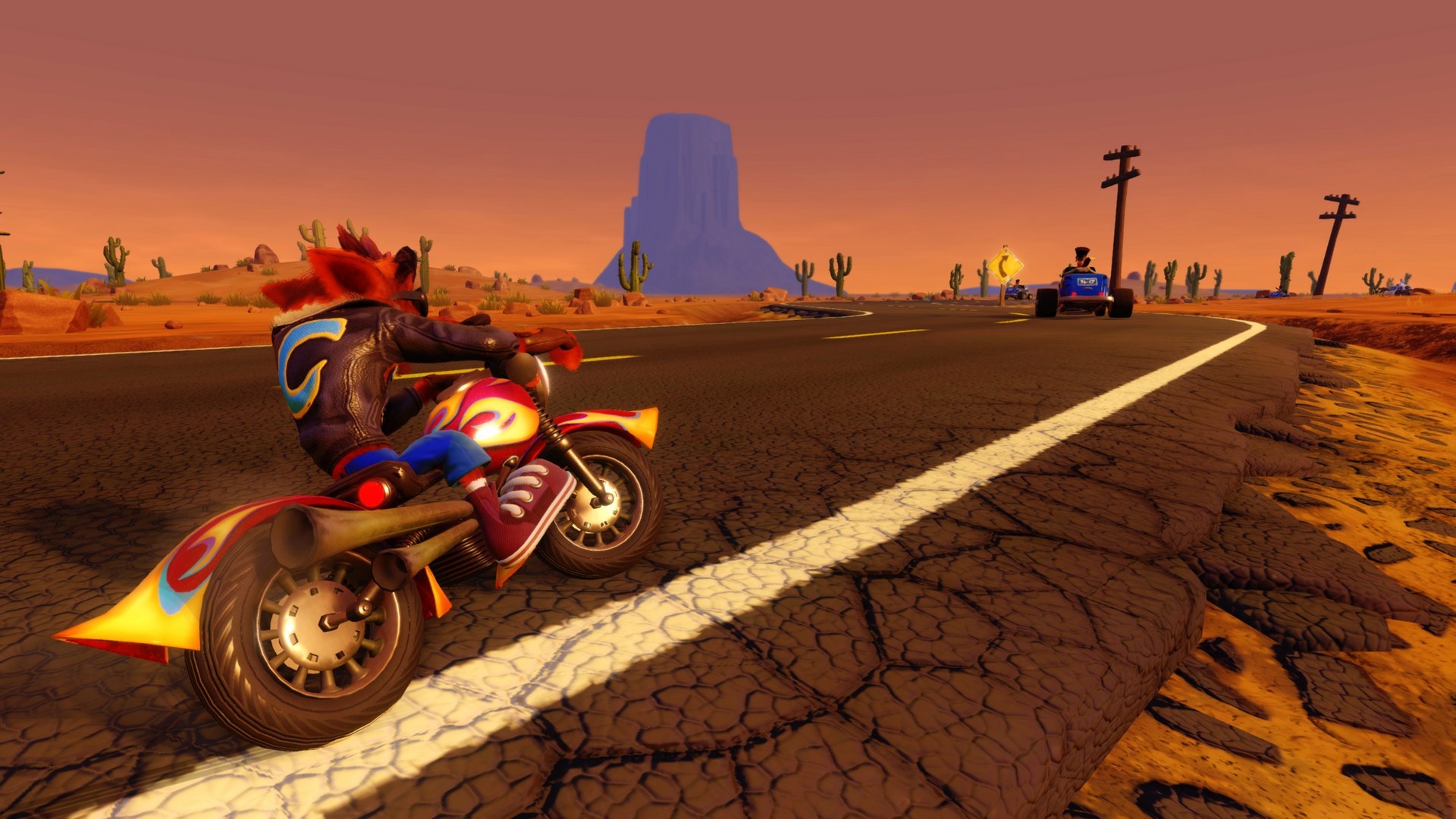 Crash Bandicoot on motorcycle, Desert highway racetrack, Sunset desert landscape, Full HD Desktop wallpaper