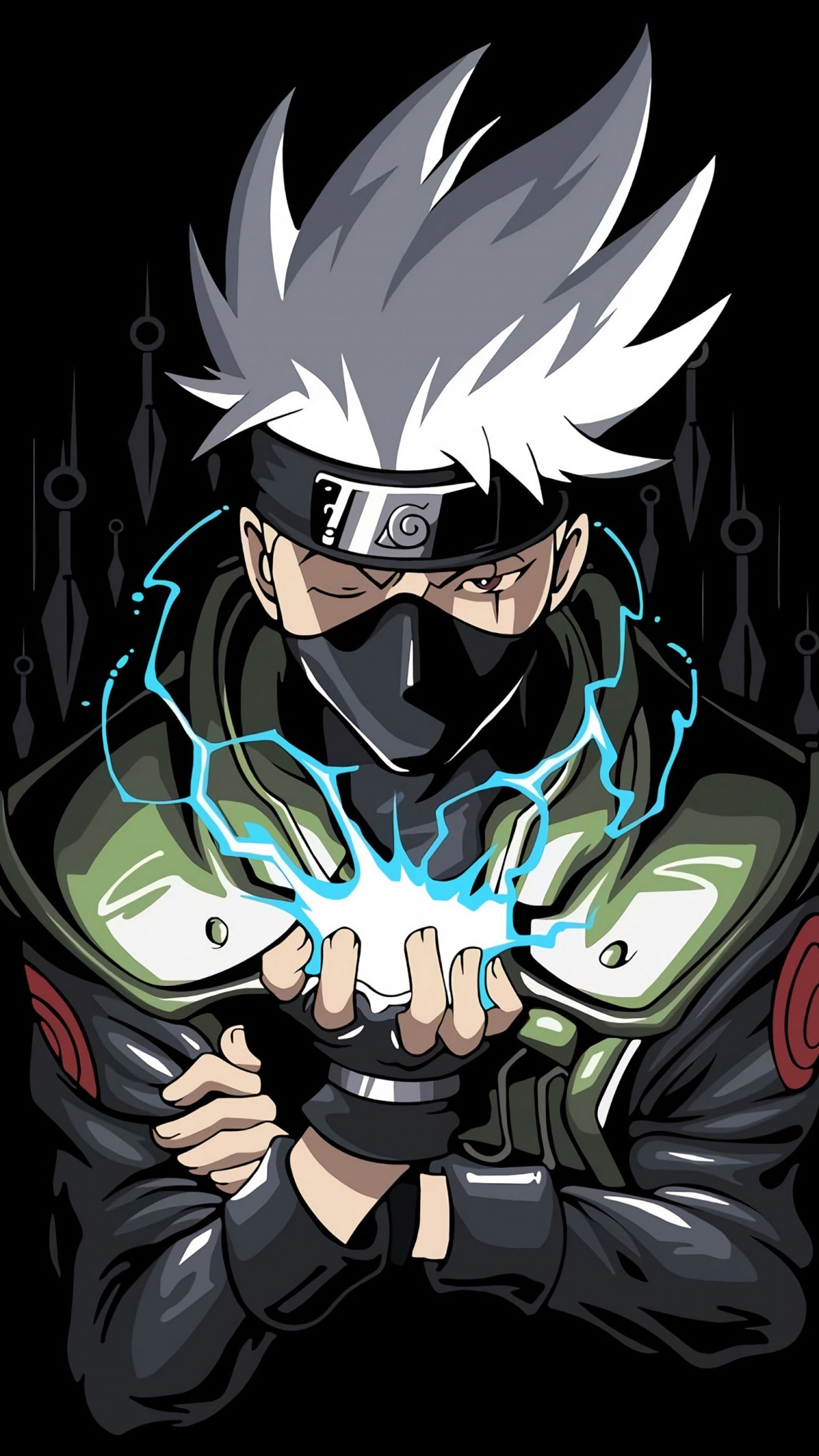 Kakashi Hatake wallpaper, 4K resolution, Black background, Naruto art, 1250x2210 HD Phone