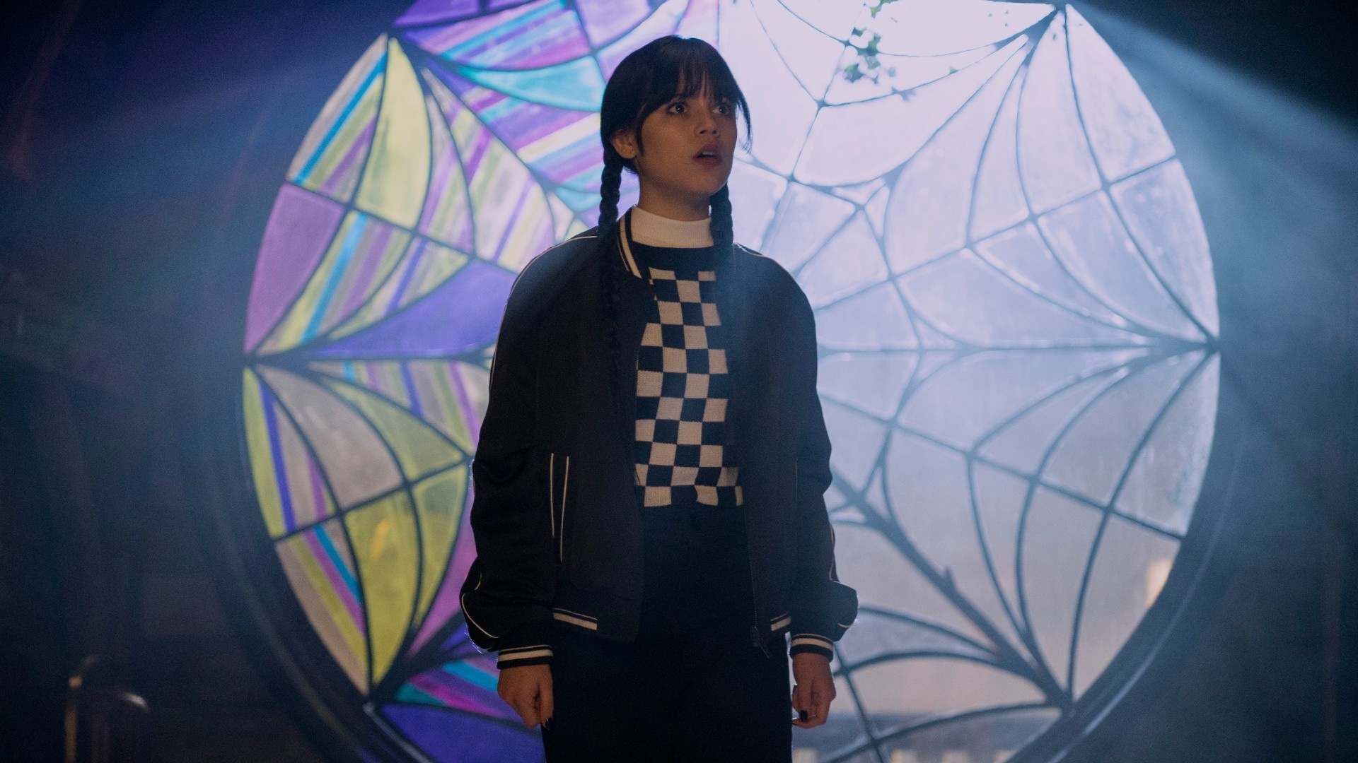 Wednesday Addams, Jenna Ortega, Ophelia Hall spiderweb window, Full HD Desktop wallpaper
