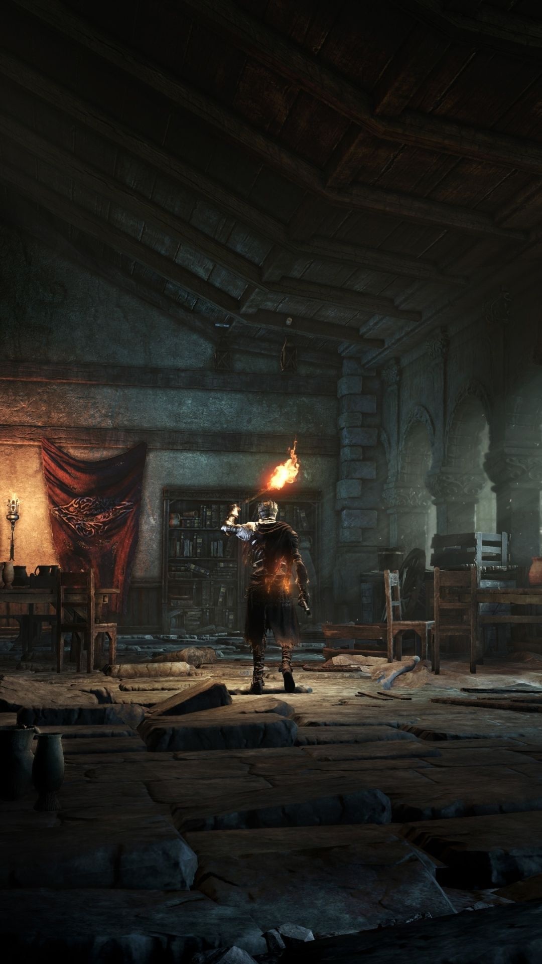 Ashen One, burning torch, ruined stone chamber, Full HD Phone wallpaper