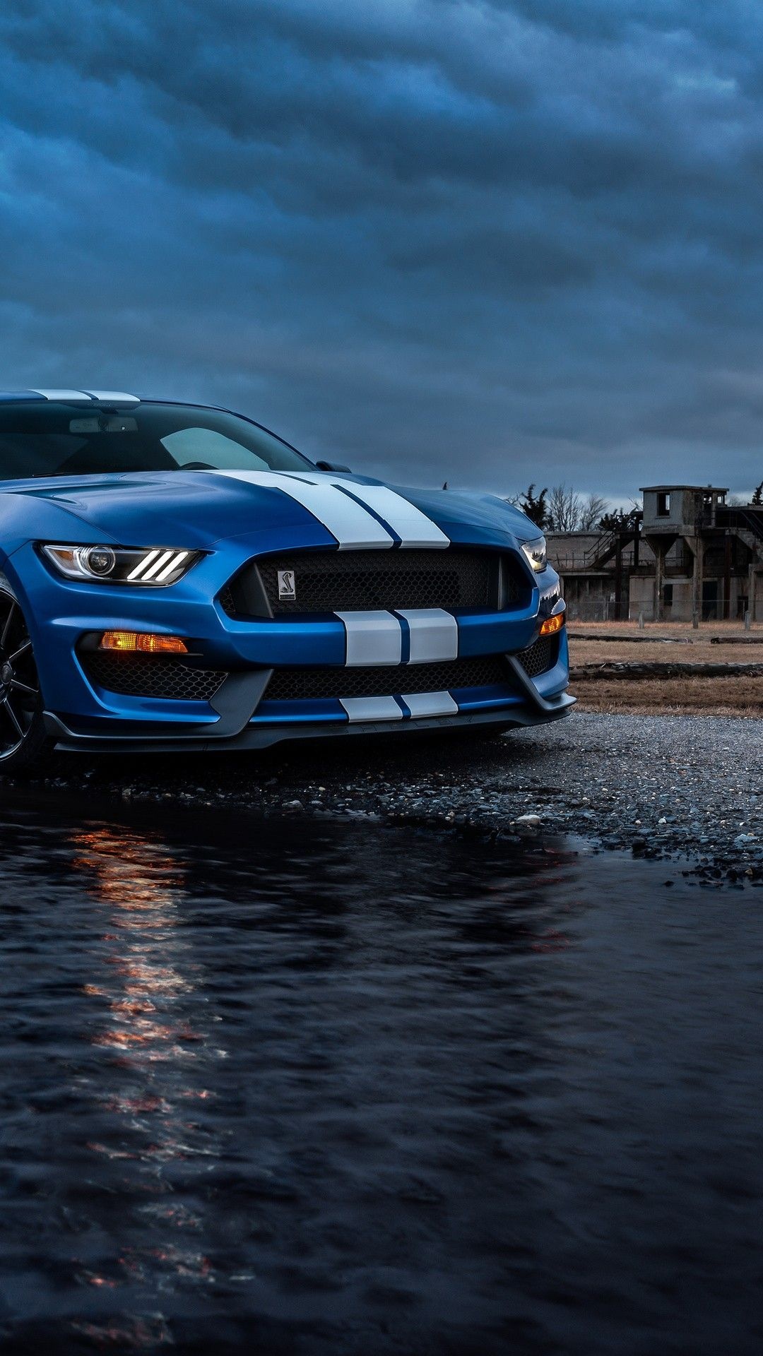 Ford Mustang Shelby GT350, Puddle water reflection, Stormy overcast sky, Full HD Phone wallpaper