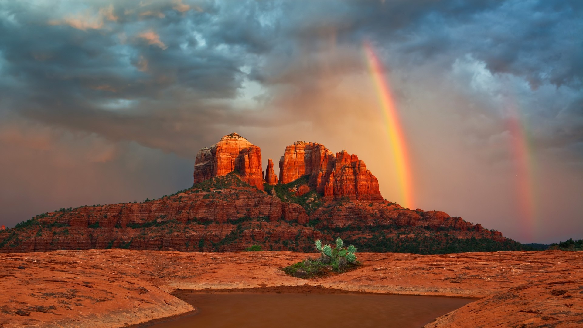 Cathedral Rock Sedona, Vibrant double rainbow, Prickly pear cactus sandstone, Full HD Desktop wallpaper
