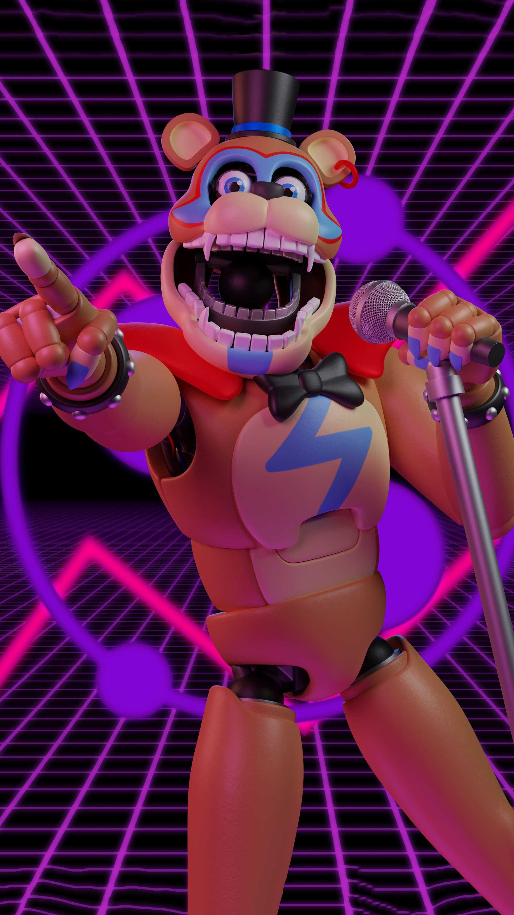 Glamrock Freddy, Synthwave neon grid, Stage microphone, 4K Phone wallpaper