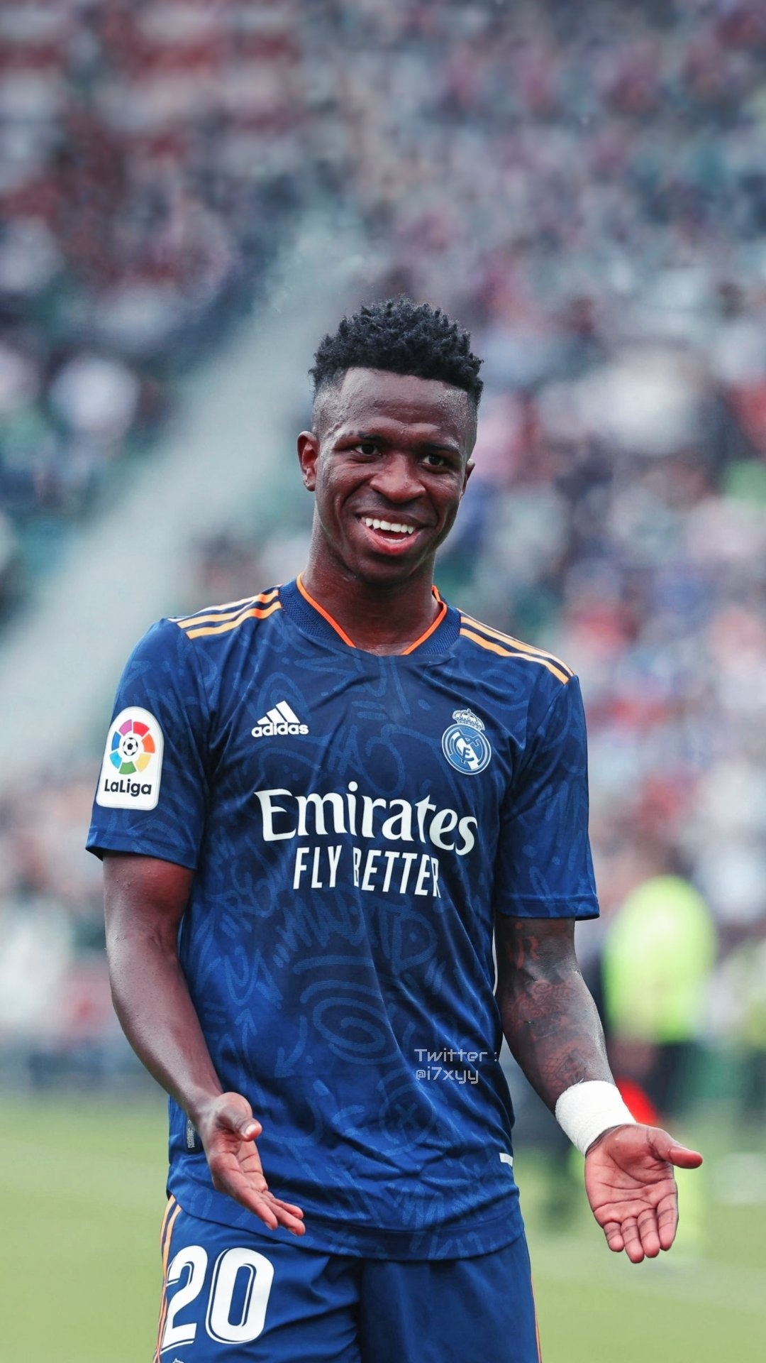 Vinicius Junior, Real Madrid away jersey, Football pitch stadium backdrop, Full HD Phone wallpaper