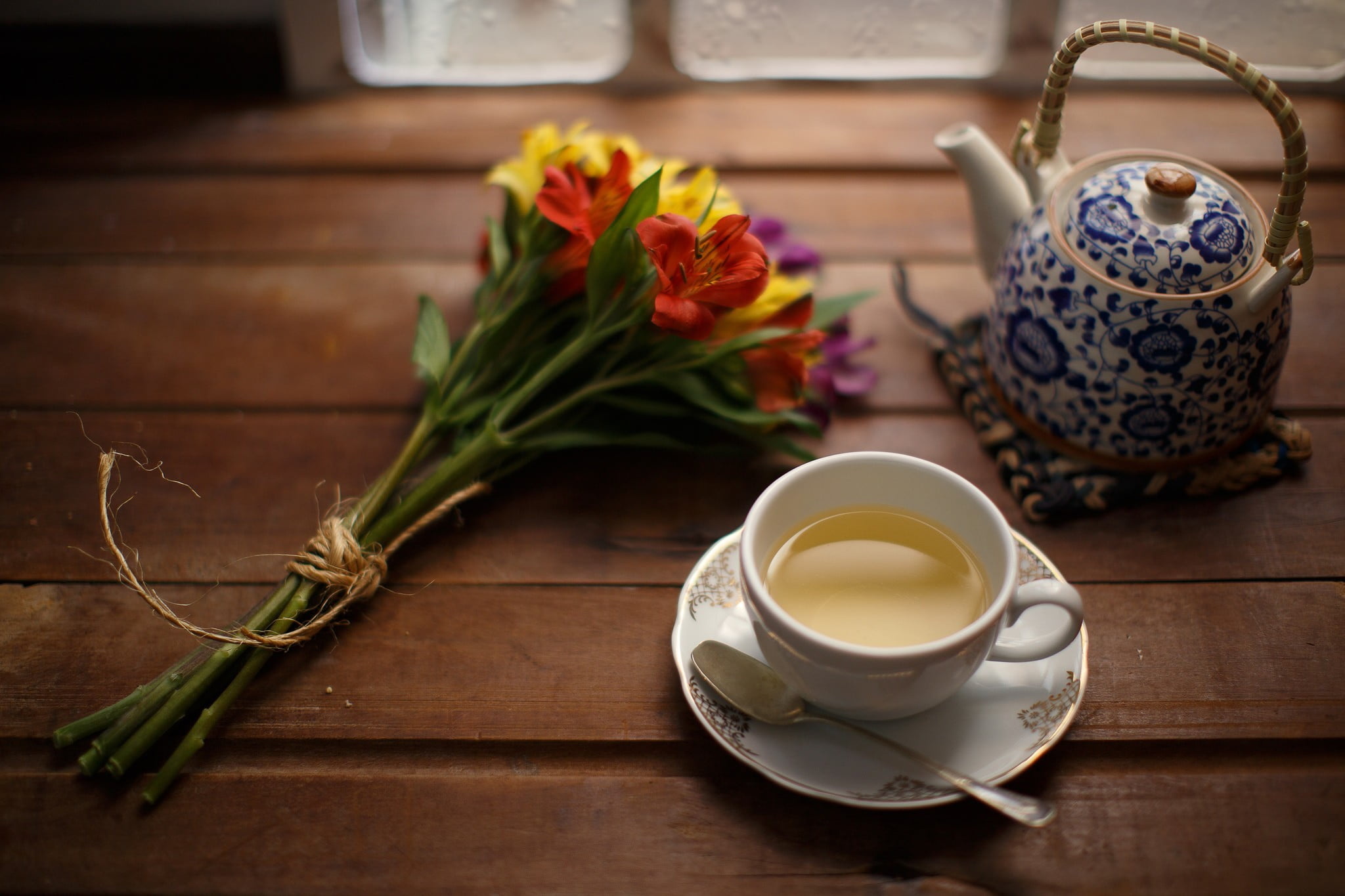 White ceramic teacup set, Floral wallpaper, Red and yellow flowers, Tea party, 2050x1370 HD Desktop