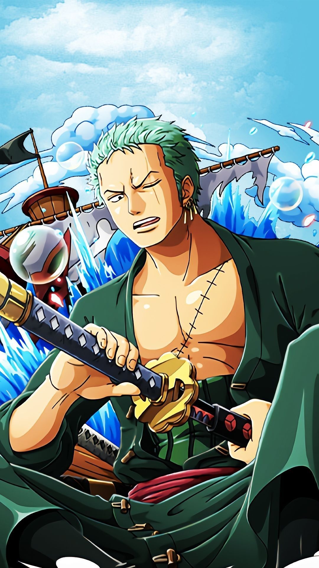 Roronoa Zoro, Shusui sword, pirate ship with bubbles, Full HD Phone wallpaper