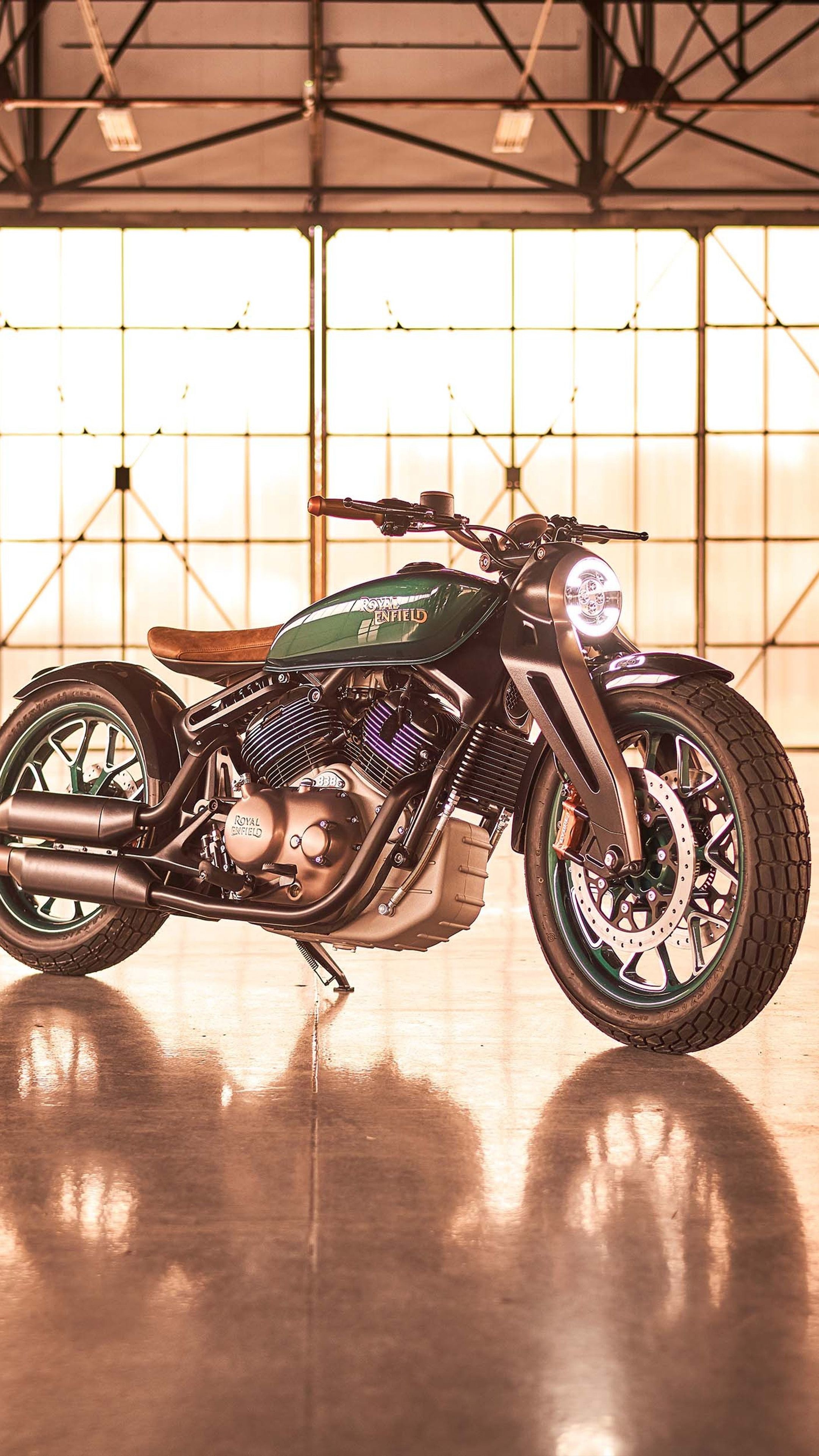 Royal Enfield Concept KX, V-twin bobber motorcycle, industrial warehouse hangar, 4K Phone wallpaper