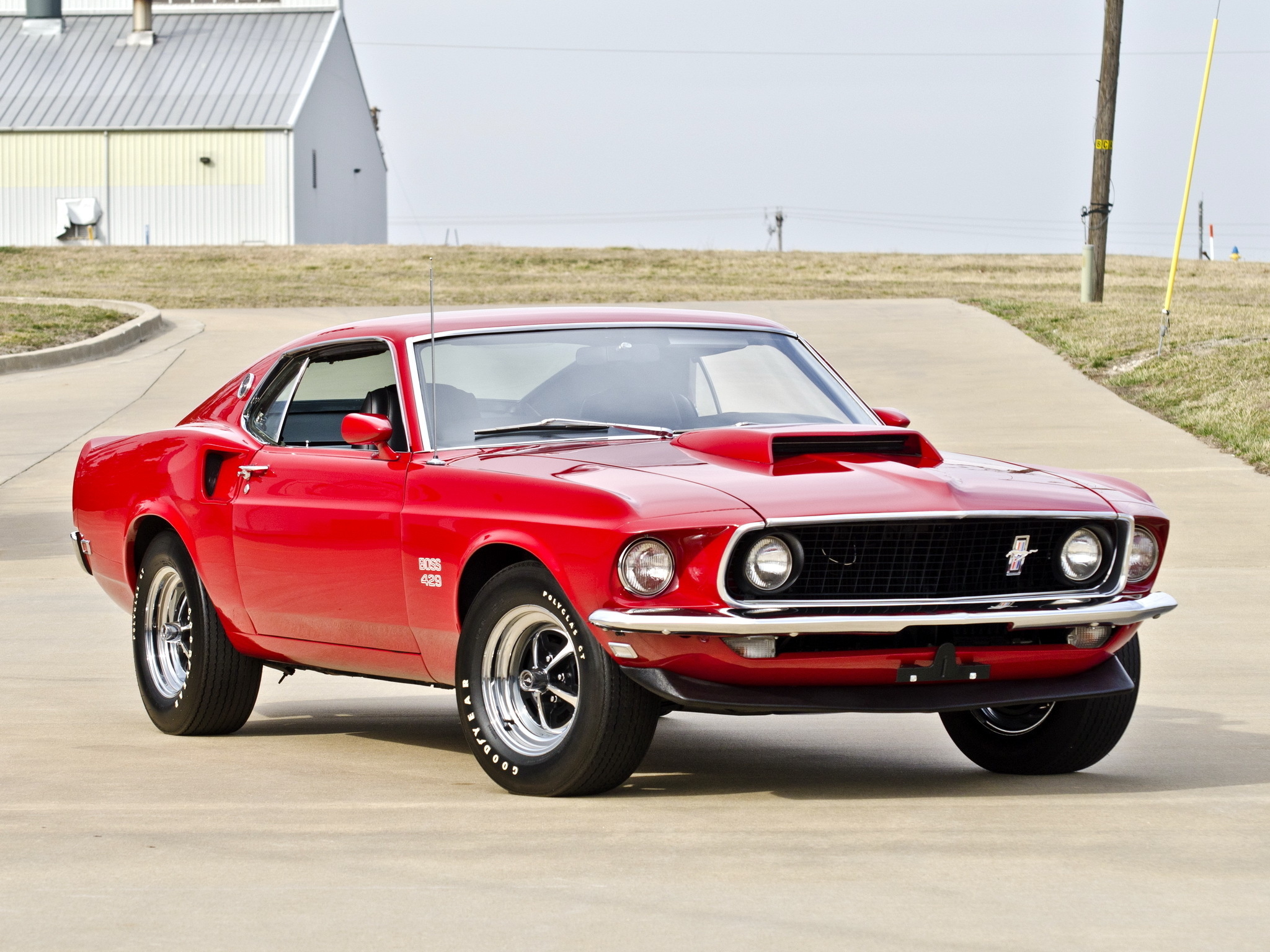 1969 Ford Mustang Boss 429, Goodyear Polyglas GT tires, Candyapple Red paint, HD Desktop wallpaper