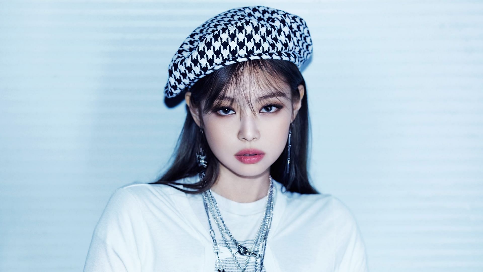 Jennie Kim, houndstooth pattern beret, layered chain necklaces, Full HD Desktop wallpaper