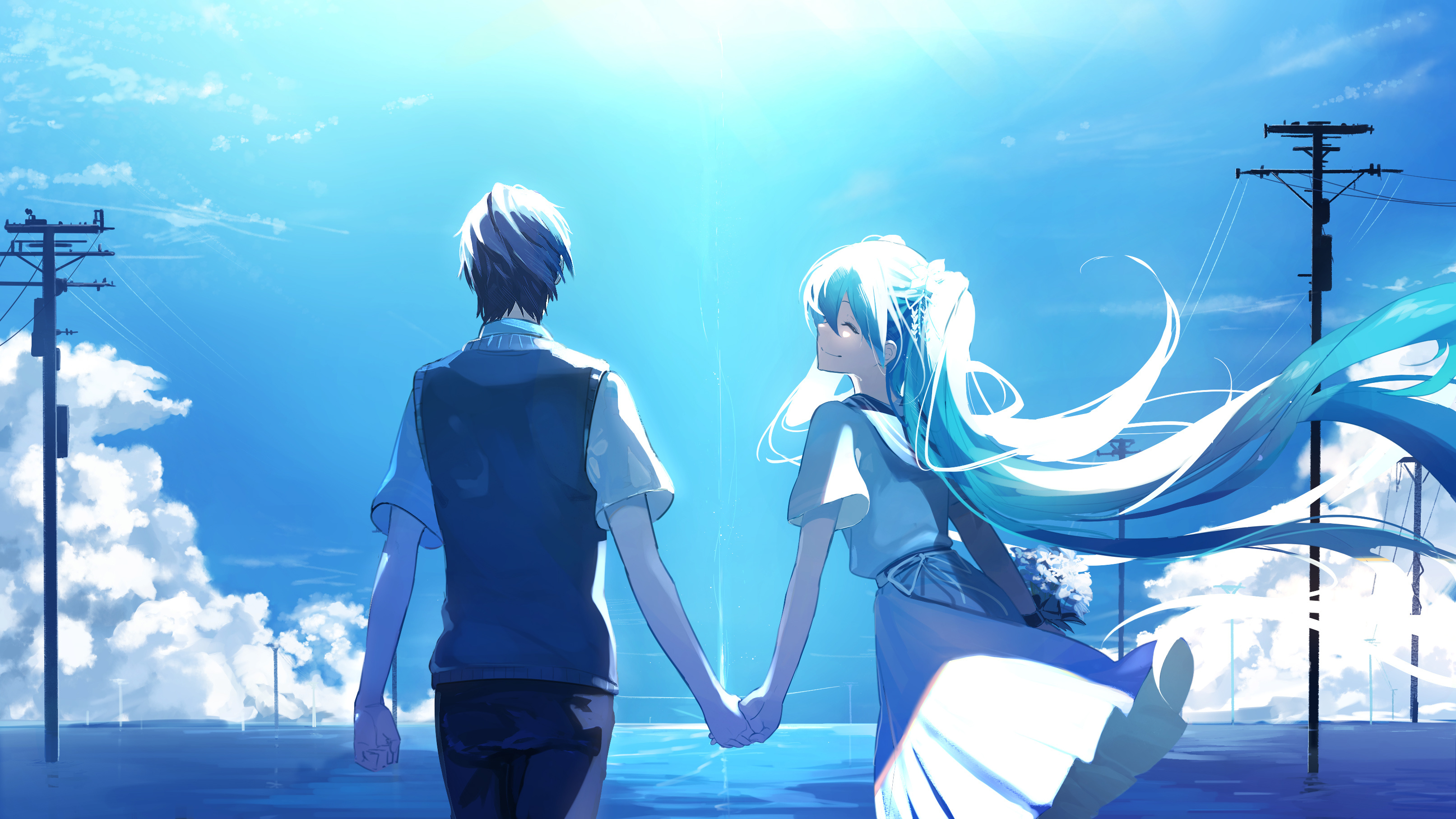 Hatsune Miku, anime couple holding hands, utility poles over water, HD Desktop wallpaper