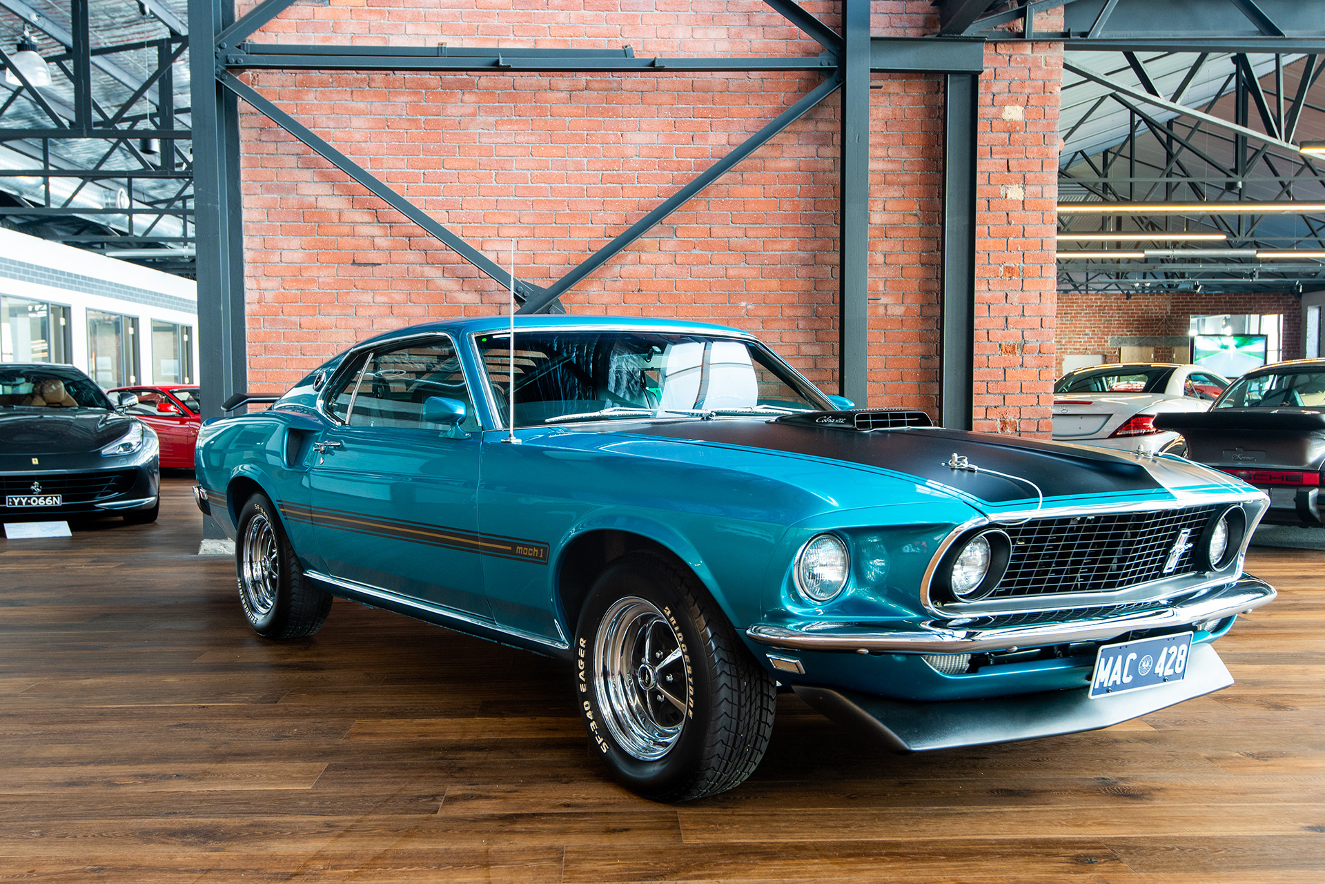 1969 Ford Mustang Mach 1, Ferrari California, Exposed brick showroom, HD Desktop wallpaper