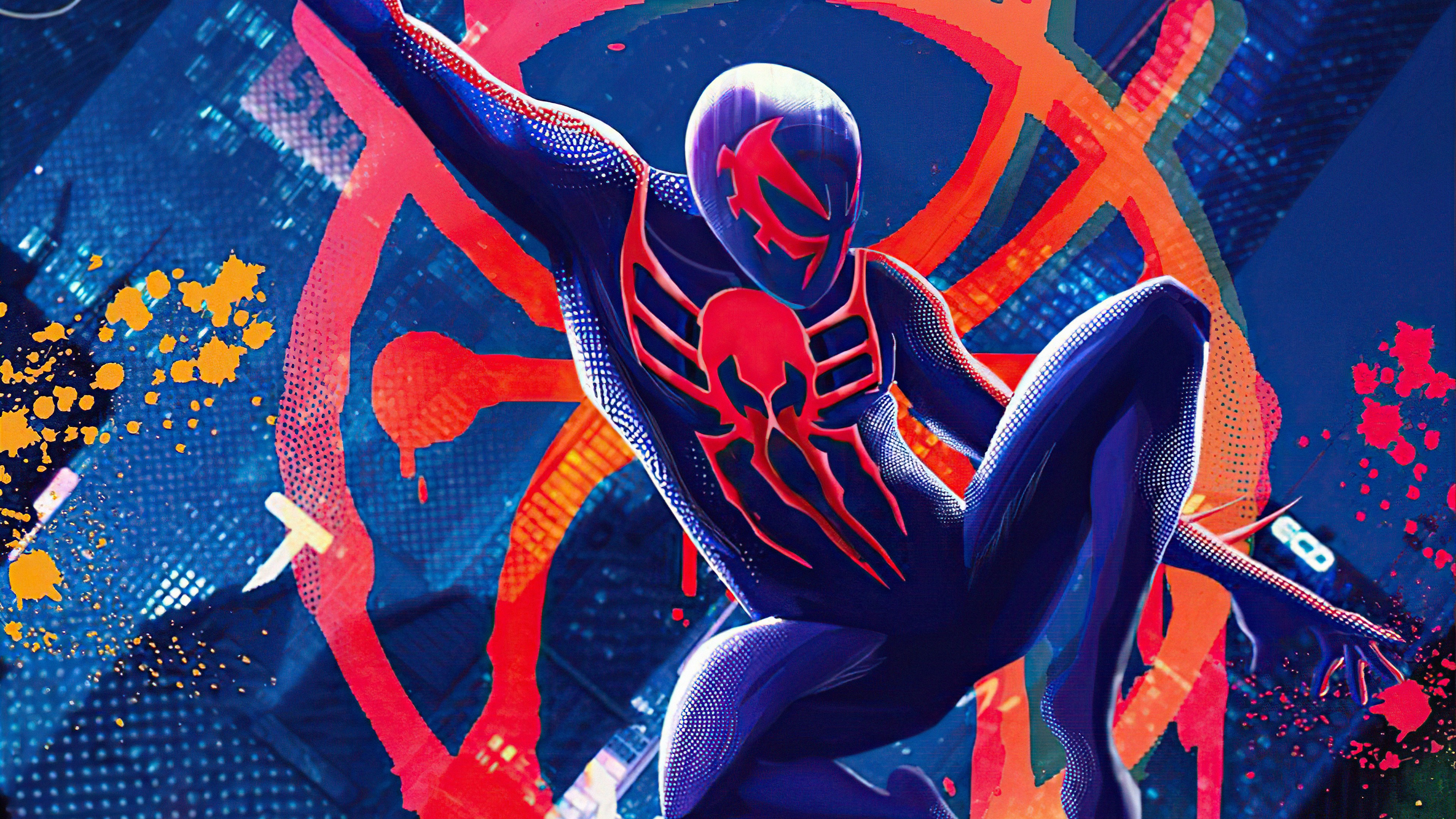 Across the Spider-Verse, Spider-Man 2099 (Miguel O'Hara), Red skull chest emblem, Stylized graffiti background, 4K Desktop wallpaper