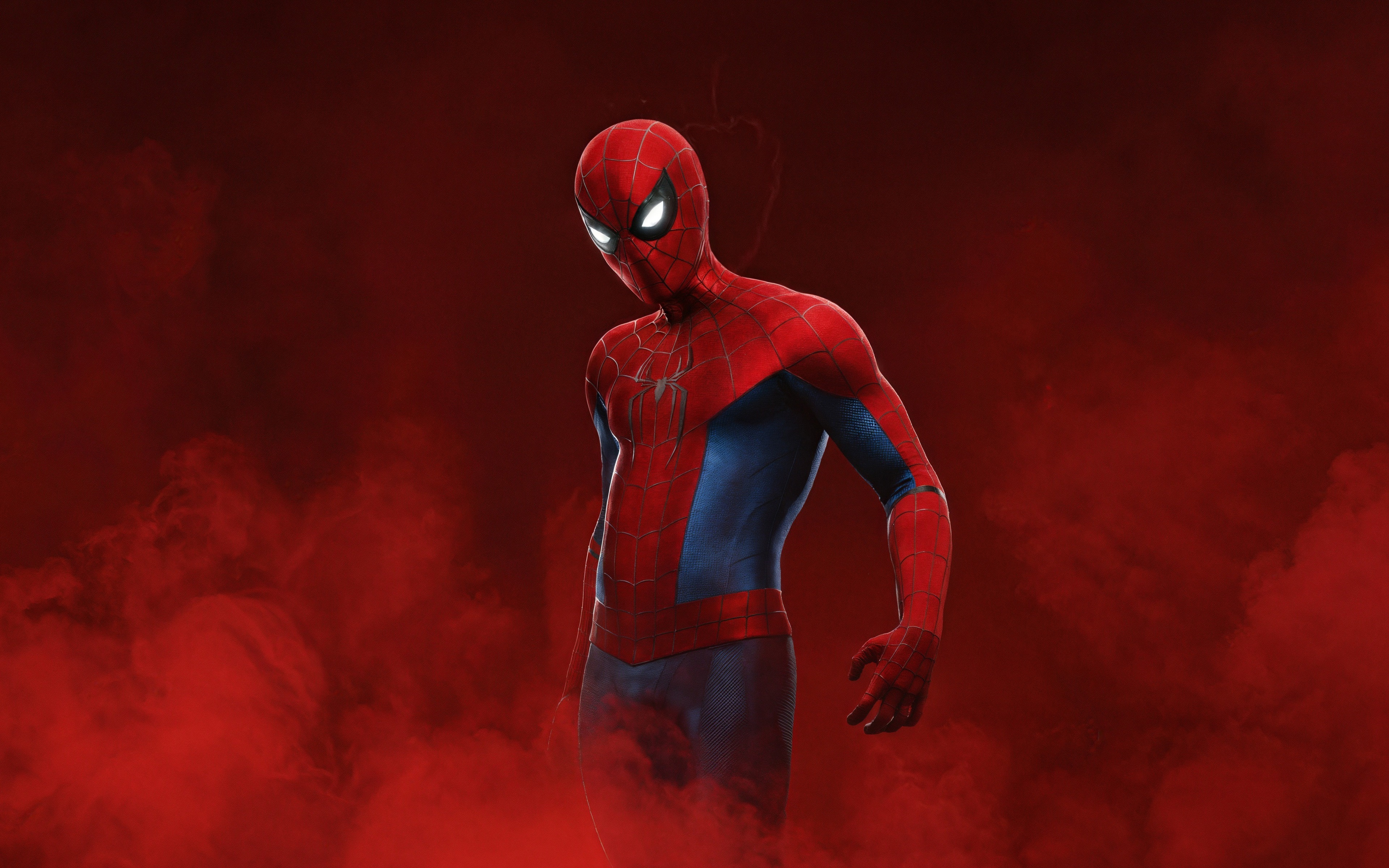 Marvel's Spider-Man, Classic Suit, Billowing red smoke, Glowing white eyes, 4K Desktop wallpaper