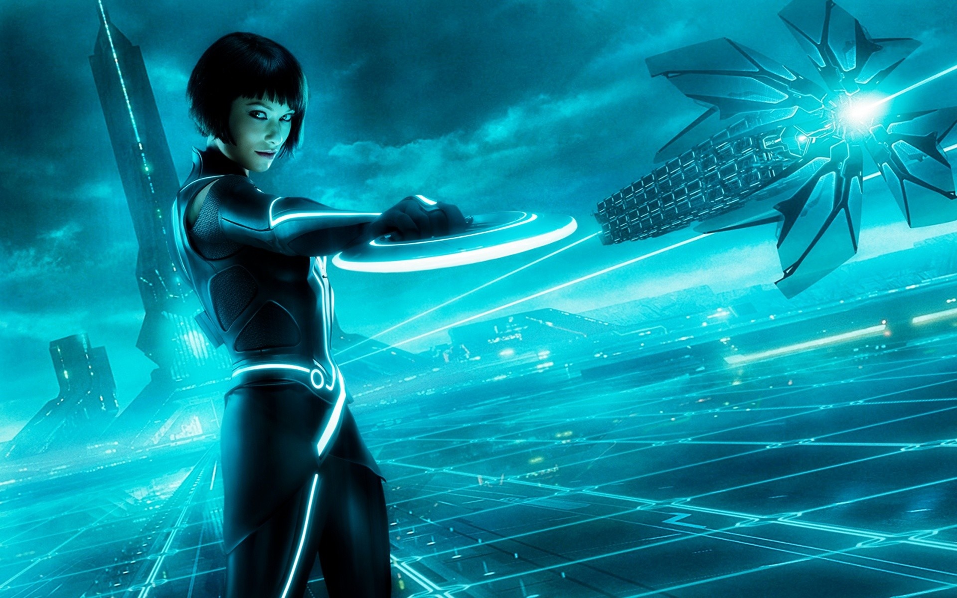 Olivia Wilde as Quorra, Tron: Legacy, Glowing Identity Disc, The Grid landscape, HD Desktop wallpaper
