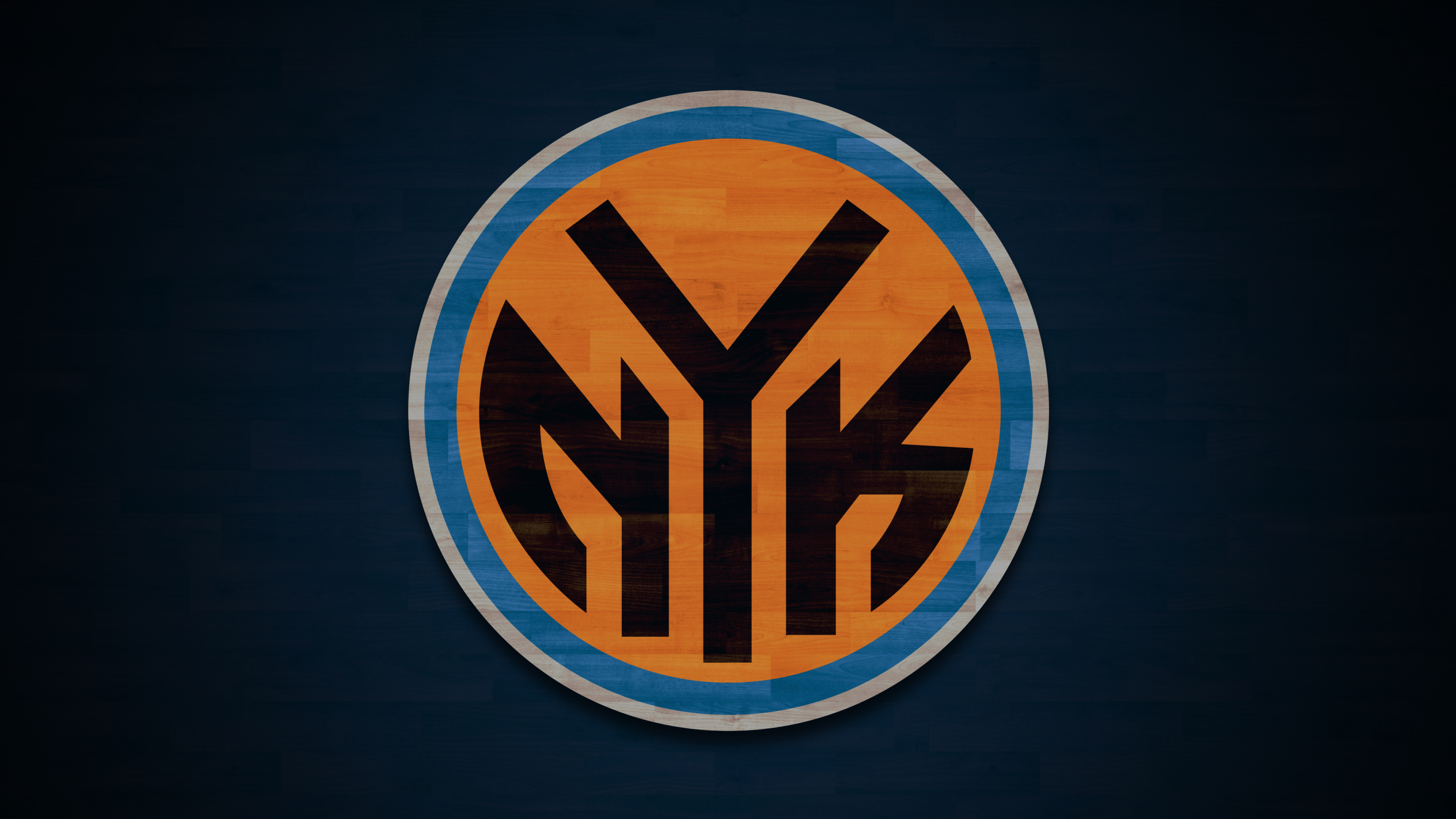 New York Knicks NYK roundel, Orange blue monogram emblem, Dark blue hardwood backdrop, 4K Desktop wallpaper
