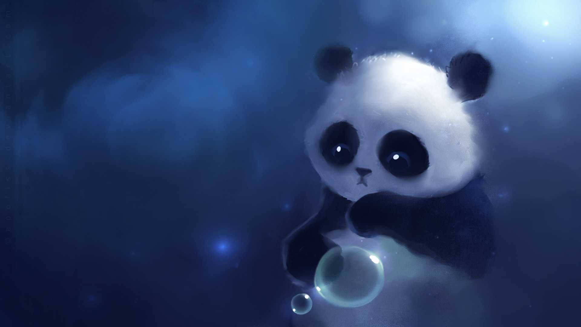 Cute baby panda cub, Glowing floating bubble, Dark blue ethereal background, Full HD Desktop wallpaper