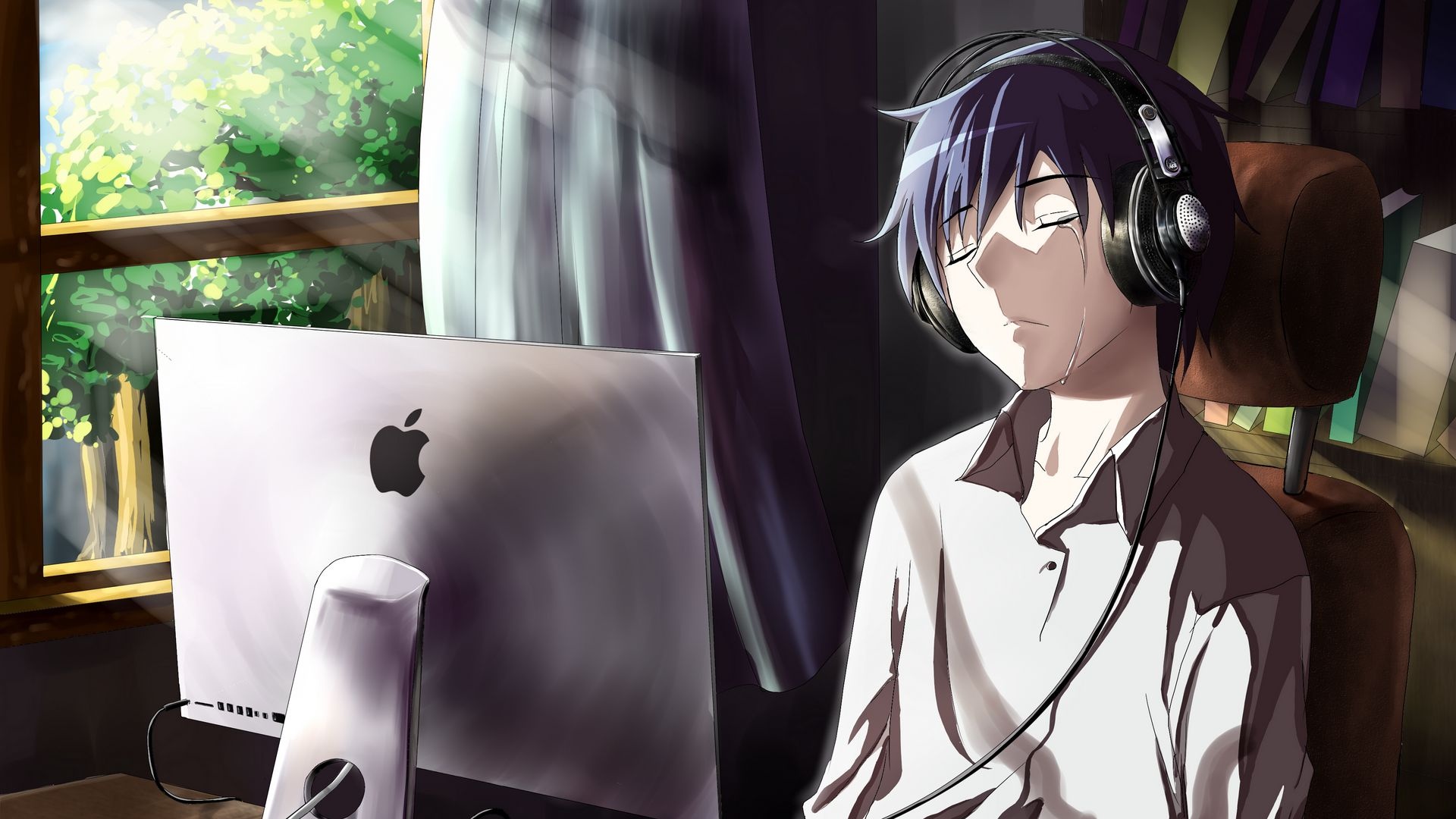 Crying anime boy, Apple iMac desktop, Over-ear headphones, Full HD Desktop wallpaper