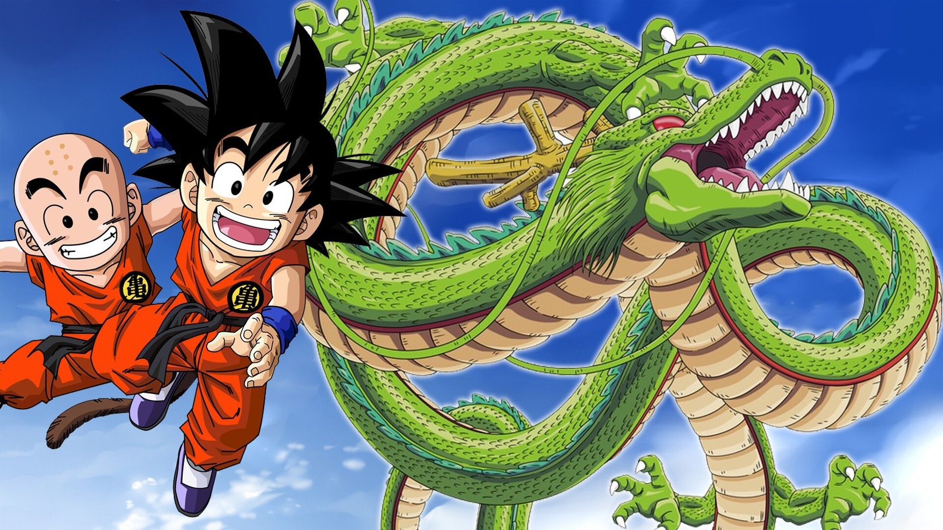 Kid Goku, Krillin, Shenron, Blue sky, Dragon Ball, Full HD Desktop wallpaper