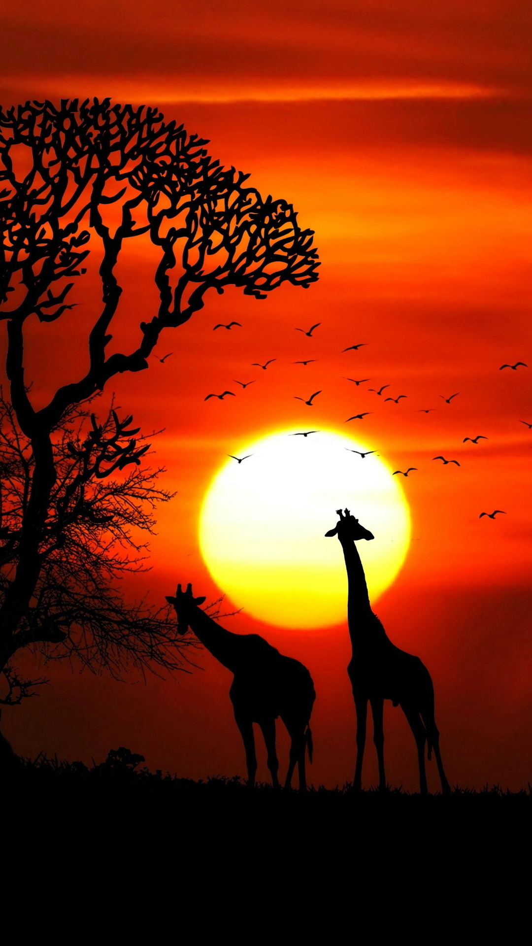 Giraffe rhino sunset, Red sky tree forest, 1080x1920 Full HD Phone