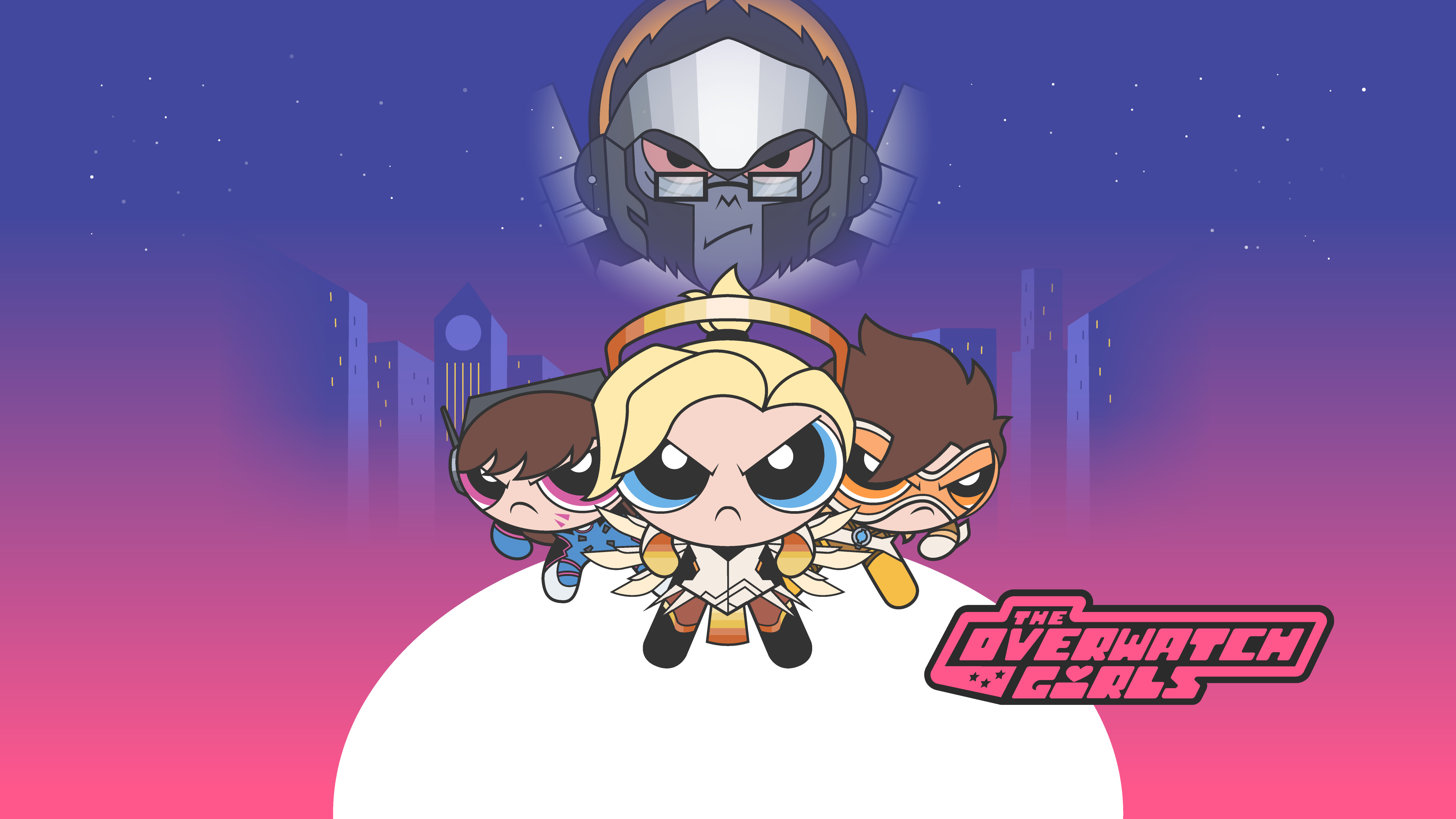 The Overwatch Girls logo, Mercy as Blossom, Winston as Mojo Jojo, D.Va and Tracer, Townsville cityscape background, 4K Desktop wallpaper