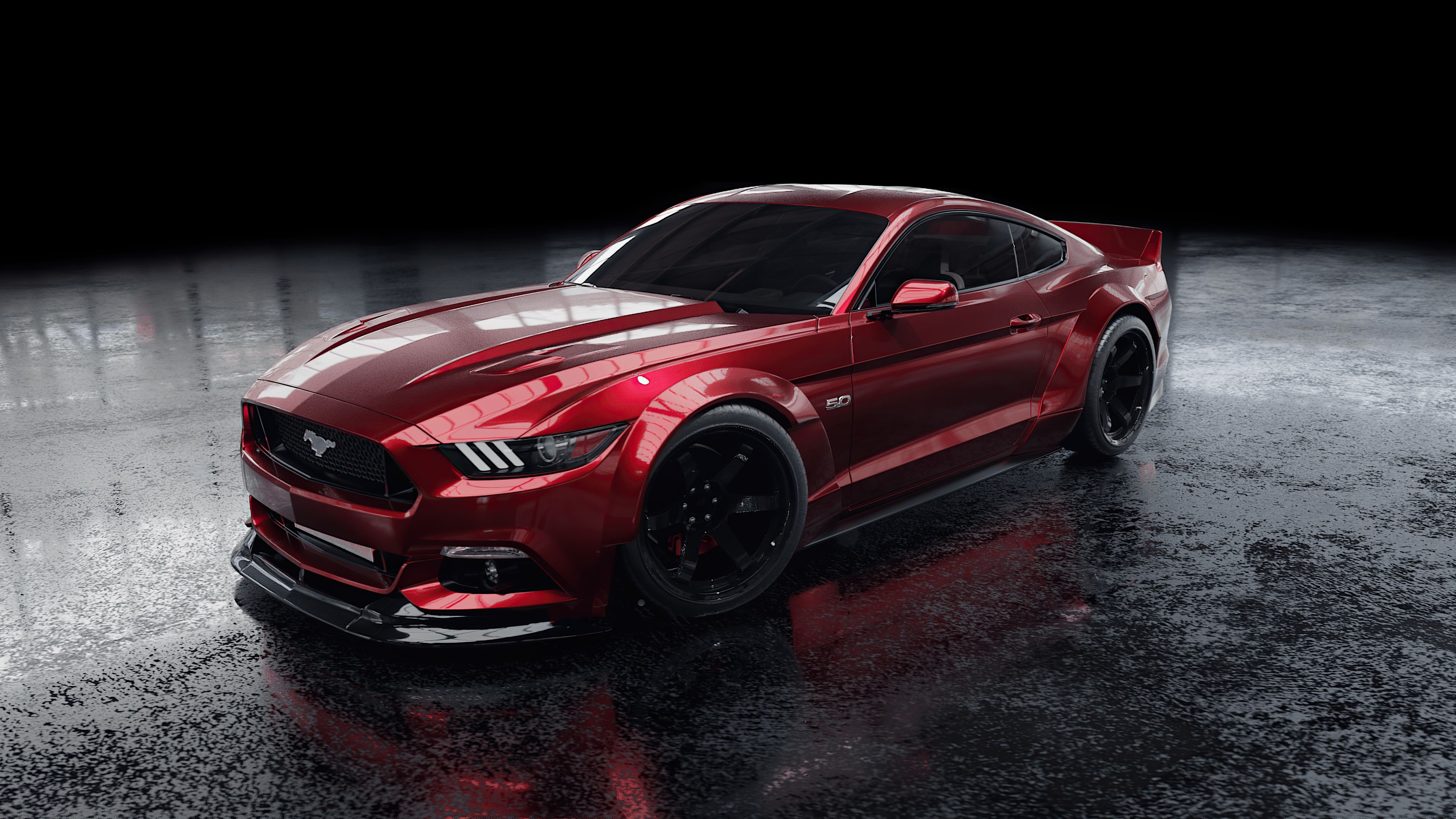 Ford Mustang GT widebody, Wet reflective studio floor, Metallic red paint finish, 4K Desktop wallpaper