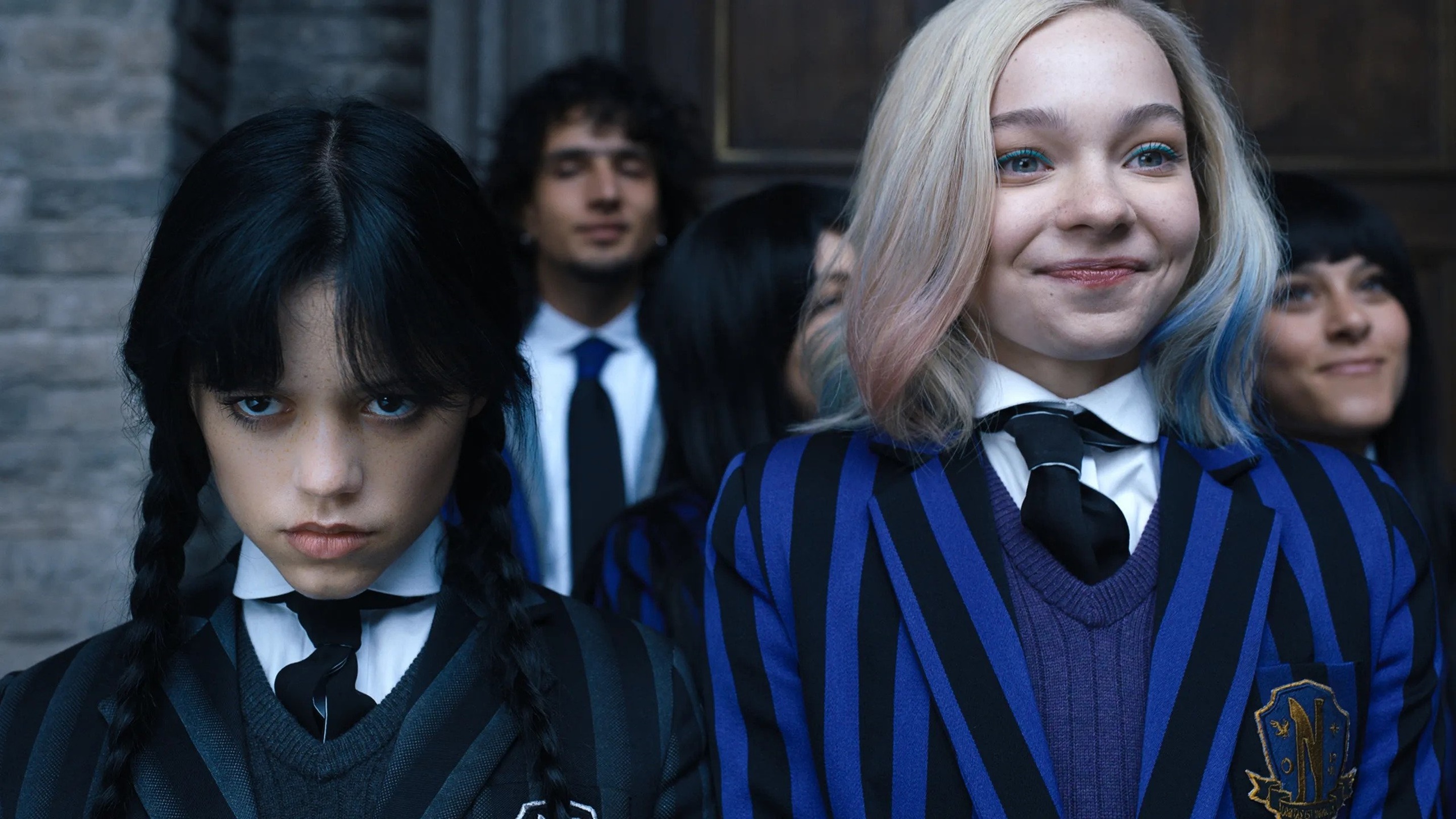 Jenna Ortega as Wednesday, Emma Myers as Enid, Nevermore Academy uniform, HD Desktop wallpaper