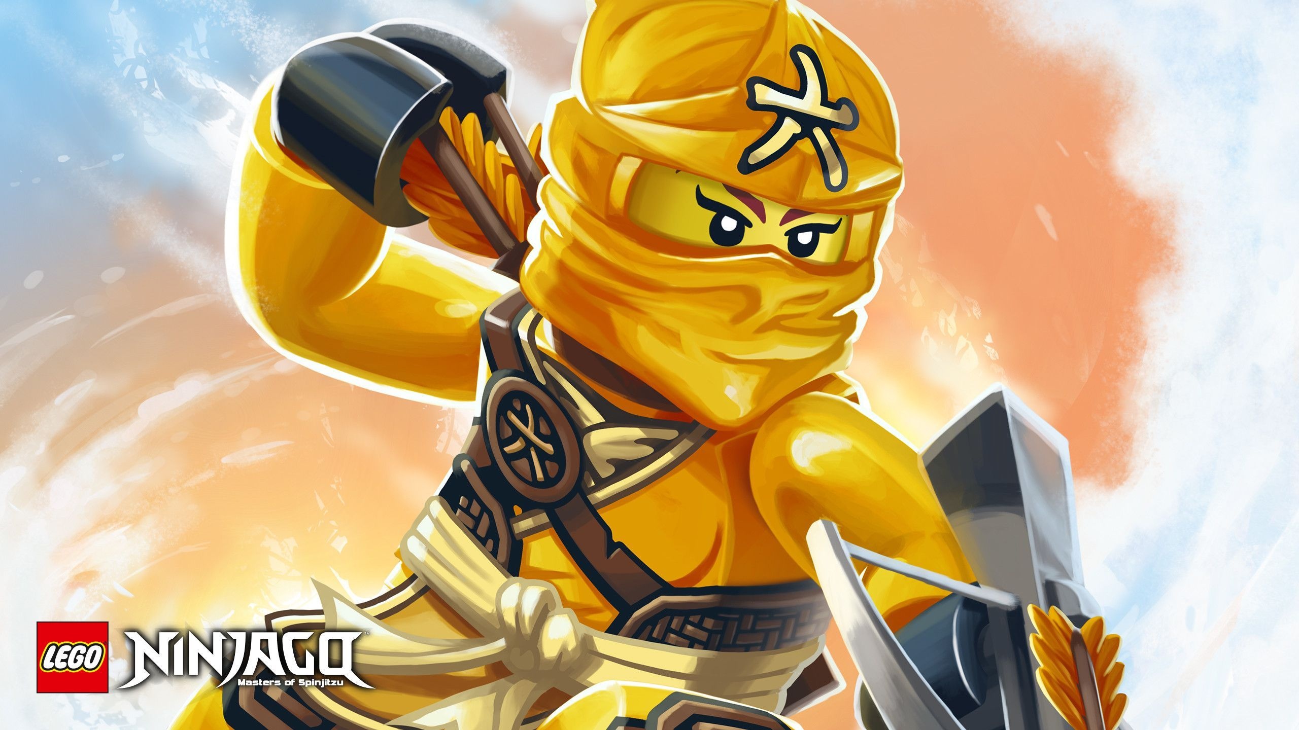 Golden Ninja with warhammer, Silver shuriken shield, Ninjago: Masters of Spinjitzu logo, HD Desktop wallpaper