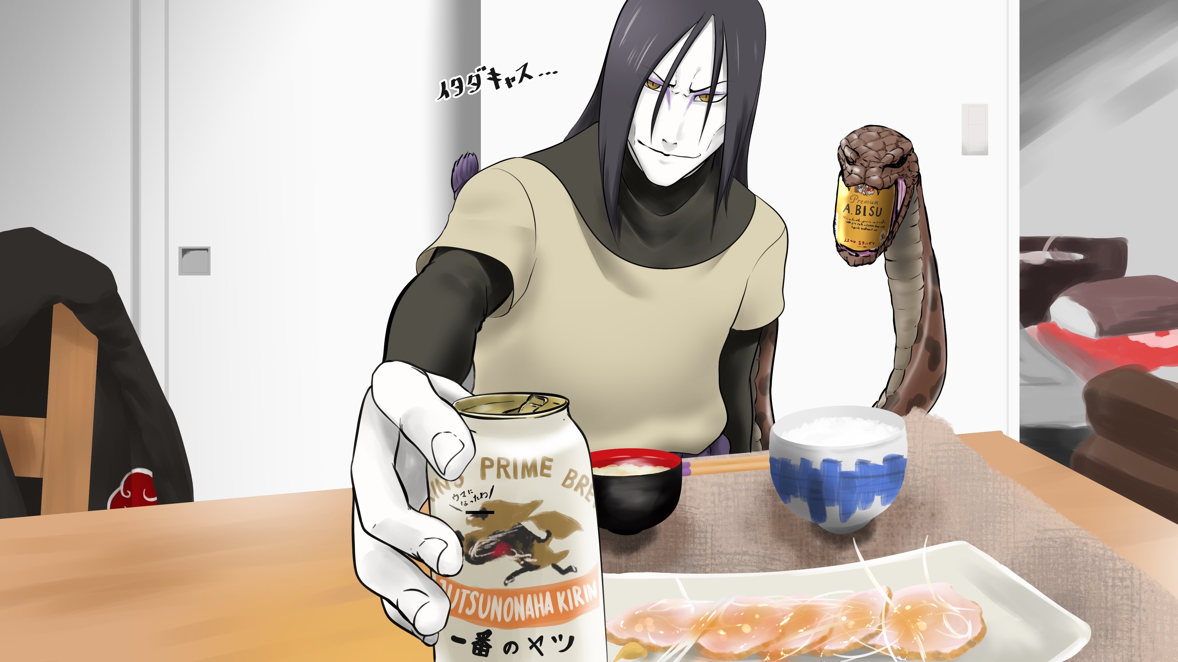 Orochimaru, White snake companion, Casual table scene, Long black hair, 4K Desktop wallpaper