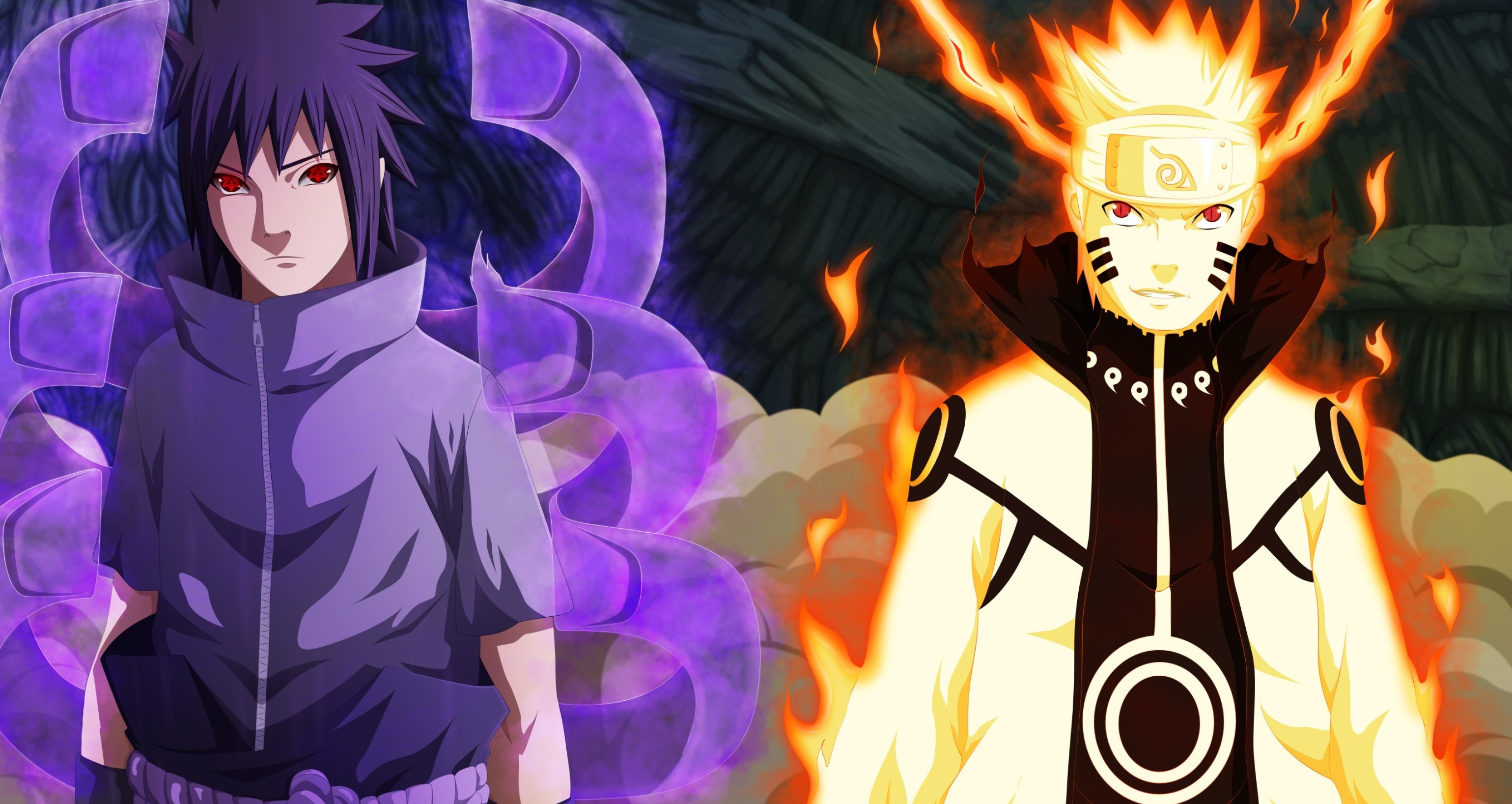 Naruto Uzumaki Kurama Mode, Sasuke Uchiha, Purple Susanoo ribcage, Naruto Shippuden, HD Desktop wallpaper