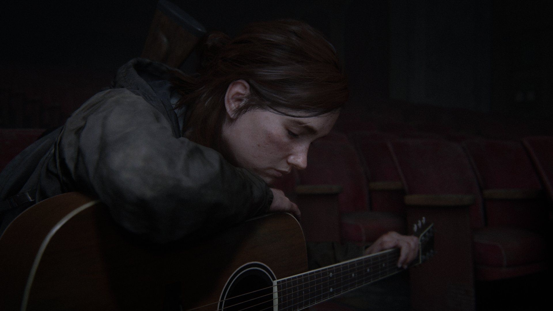 Ellie Williams, acoustic guitar, abandoned theater seats, Full HD Desktop wallpaper