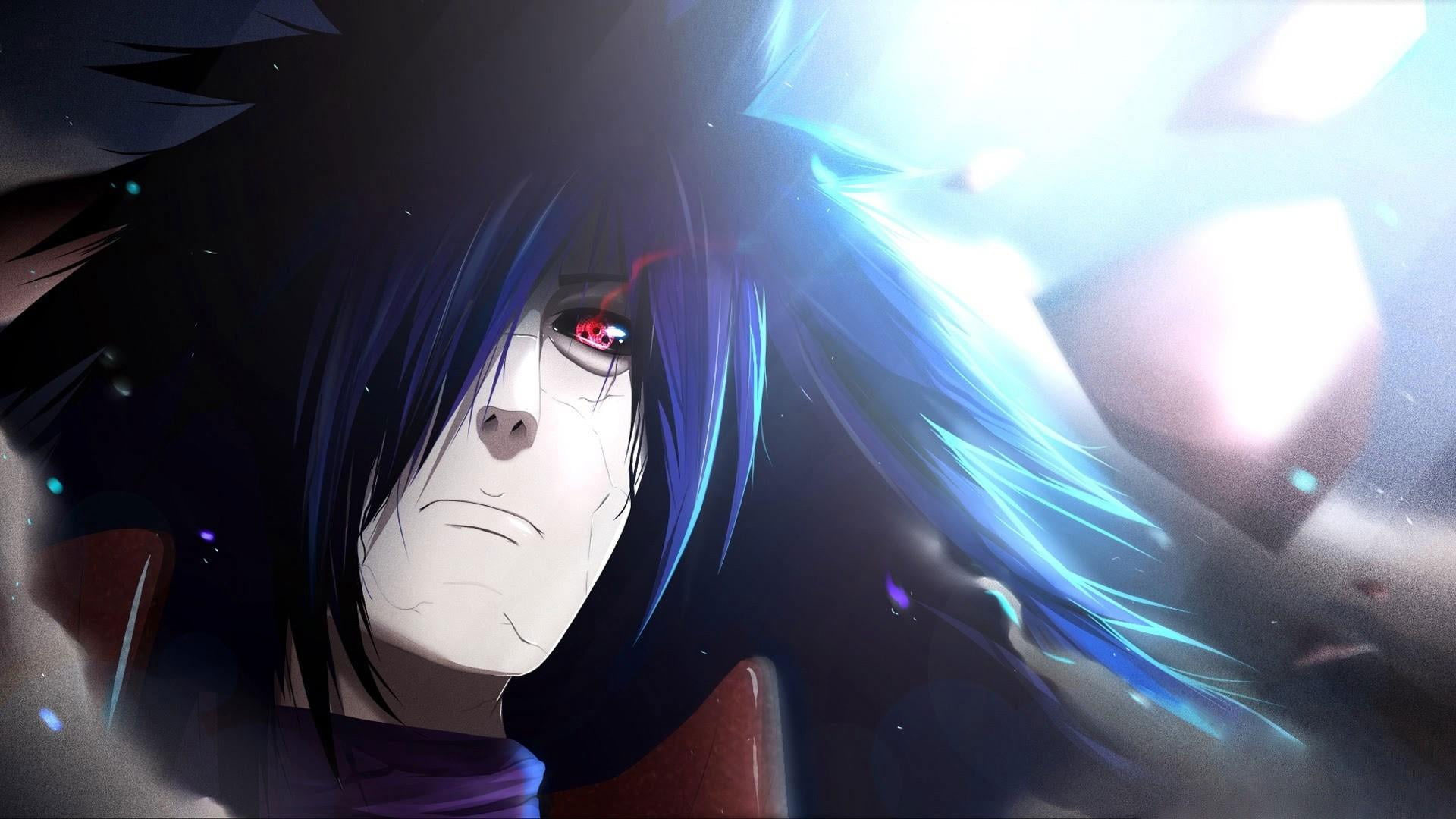 Madara Uchiha, glowing red Sharingan, falling rock debris, Full HD Desktop wallpaper