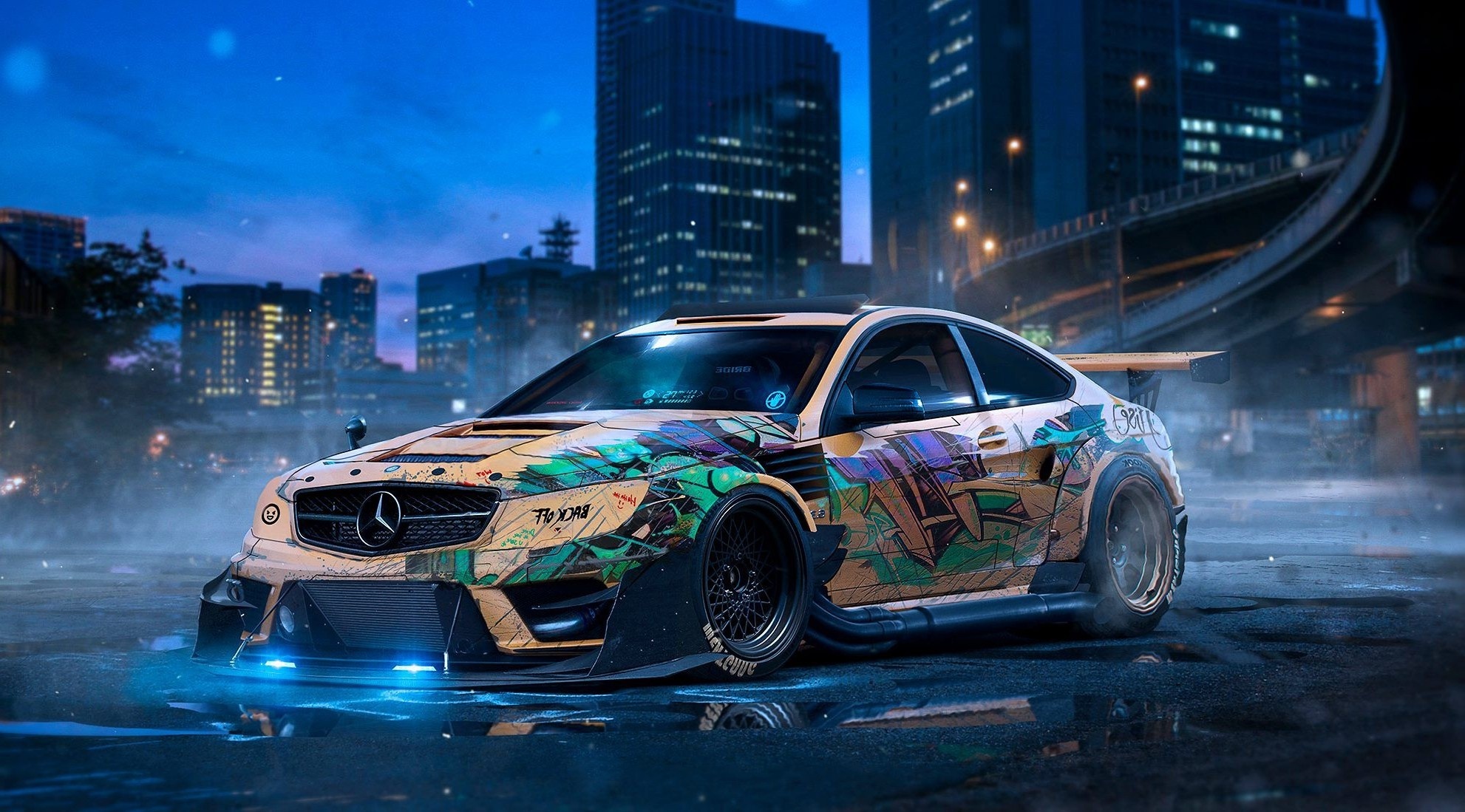 Mercedes-Benz C63 AMG Coupe, graffiti art widebody kit, blue neon underglow, HD Desktop wallpaper