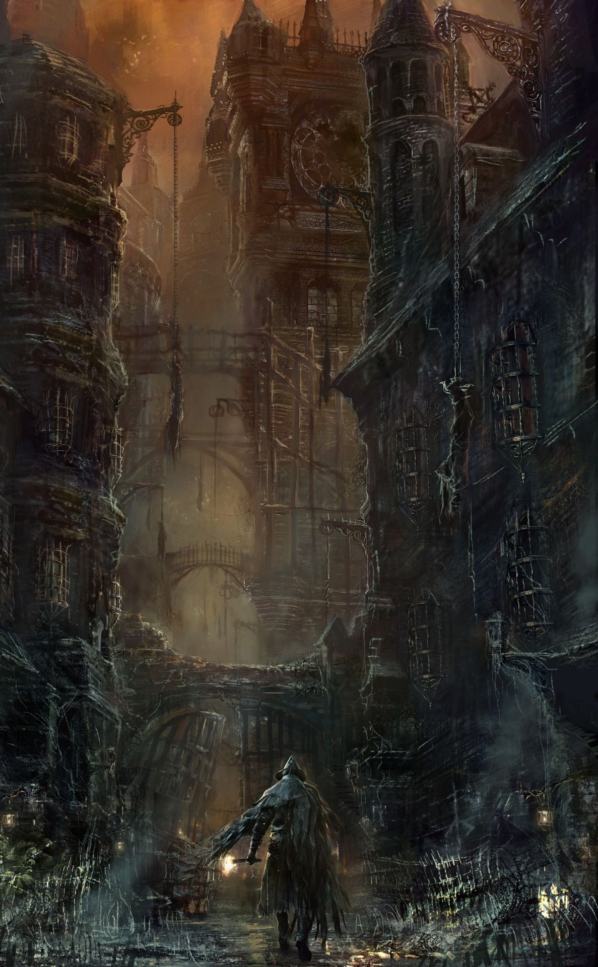 Bloodborne Hunter, Central Yharnam, Gothic clocktower, HD Phone wallpaper