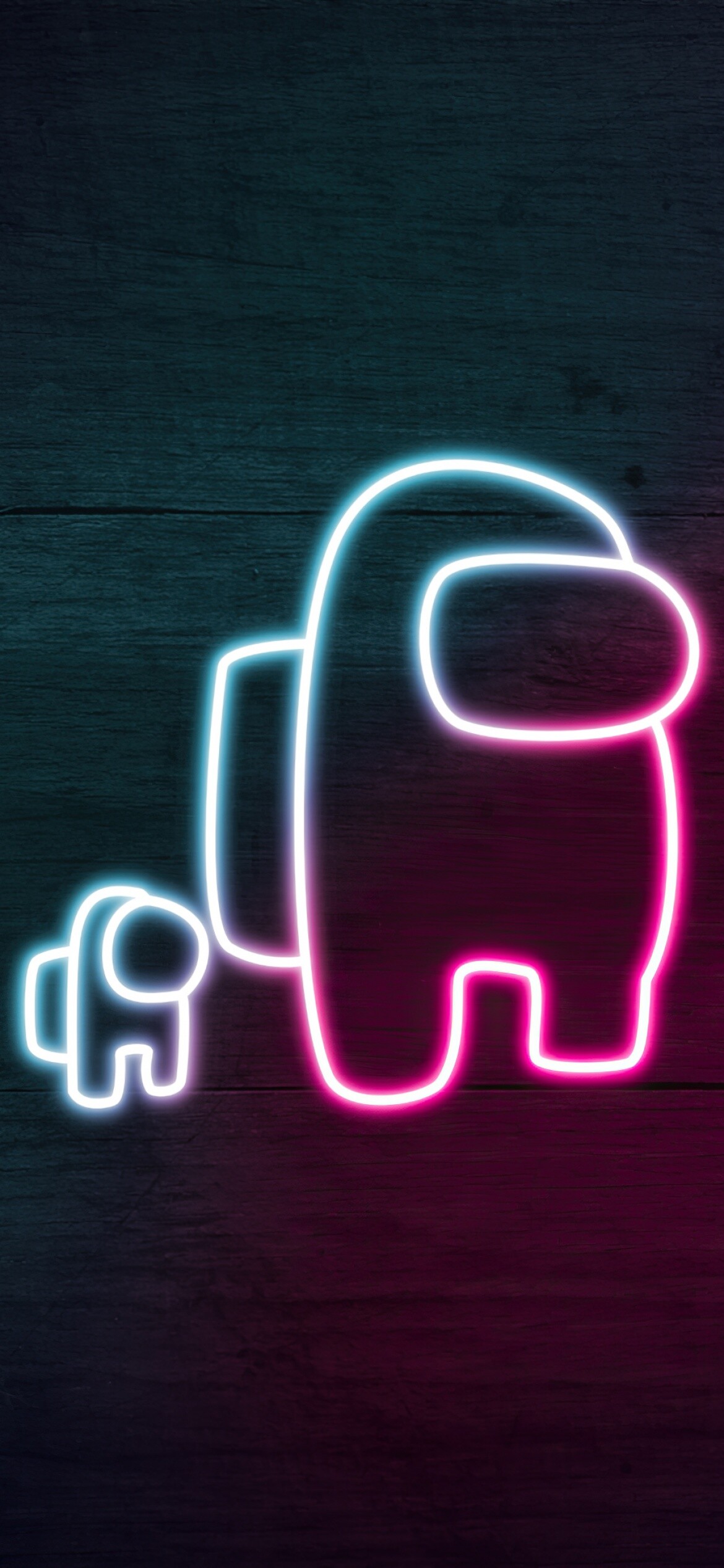 Among Us, Neon-themed 4K wallpapers, Dark wooden background, 1170x2540 HD Phone