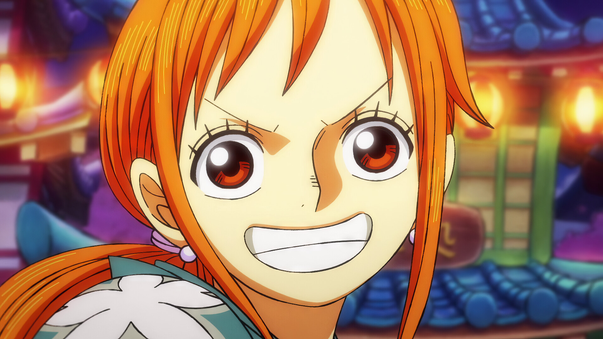 Nami, Side ponytail, Wide grin, Night lanterns, Wano, Full HD Desktop wallpaper